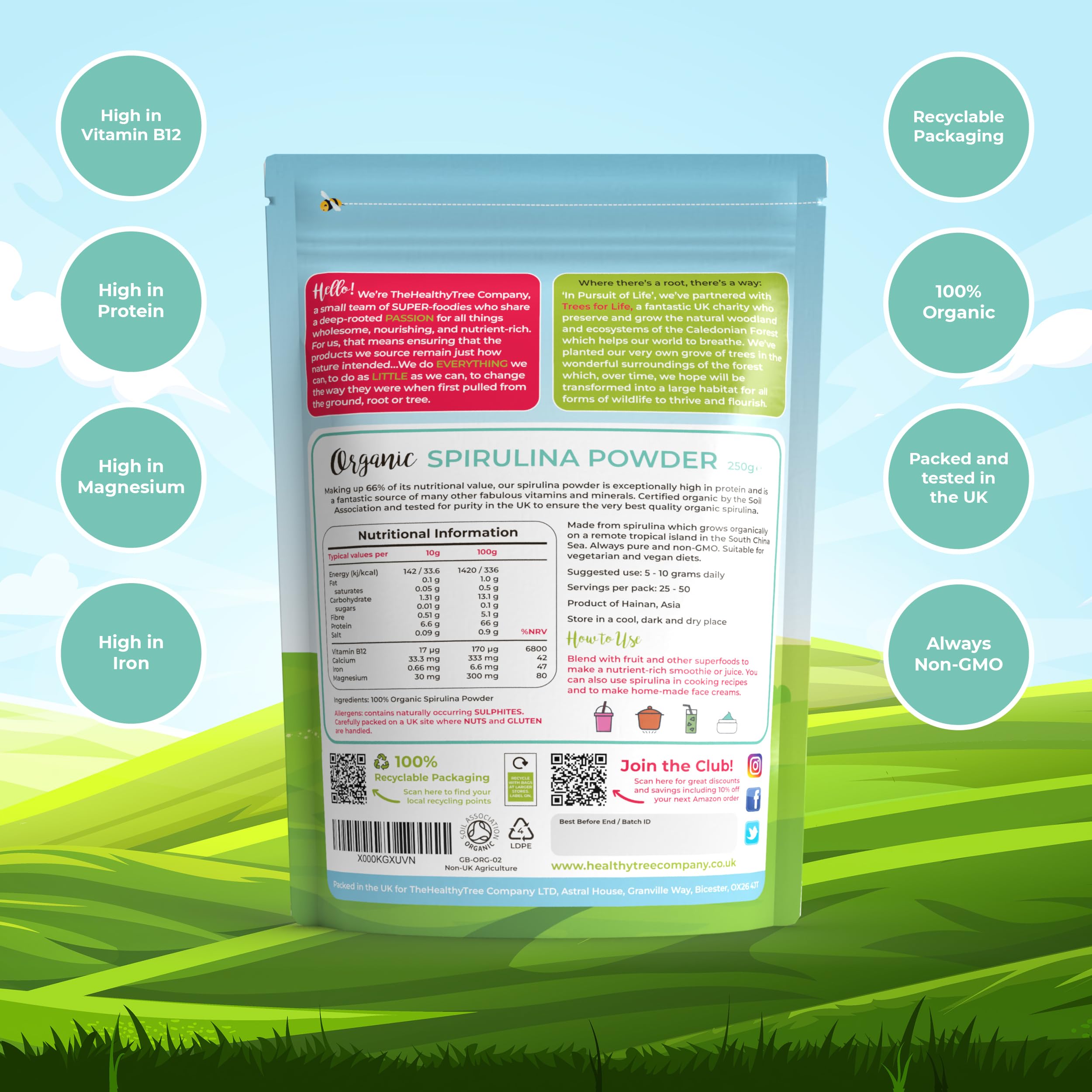 Organic Spirulina Powder by TheHealthyTree Company - Vegan Superfood for Smoothies & Juices | Rich in Vitamin B12, Protein, Iron & Calcium | UK Certified Pure Spirulina Supplement (250g) | Perfect for Detox, Energy Boosts & Healthy Lifestyle