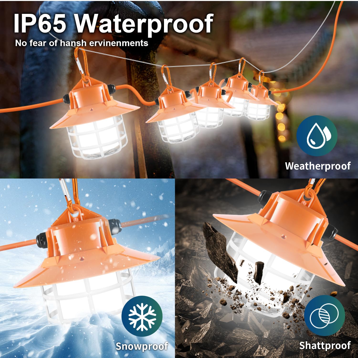 90W LED Construction String Lights 60FT 9000 Lumens - Heavy Duty Work Lights with Reflective Cover, Protective Cage & Hooks - Perfect for Job Sites, Attics, Warehouses, Outdoor Lighting & Emergency Work Areas