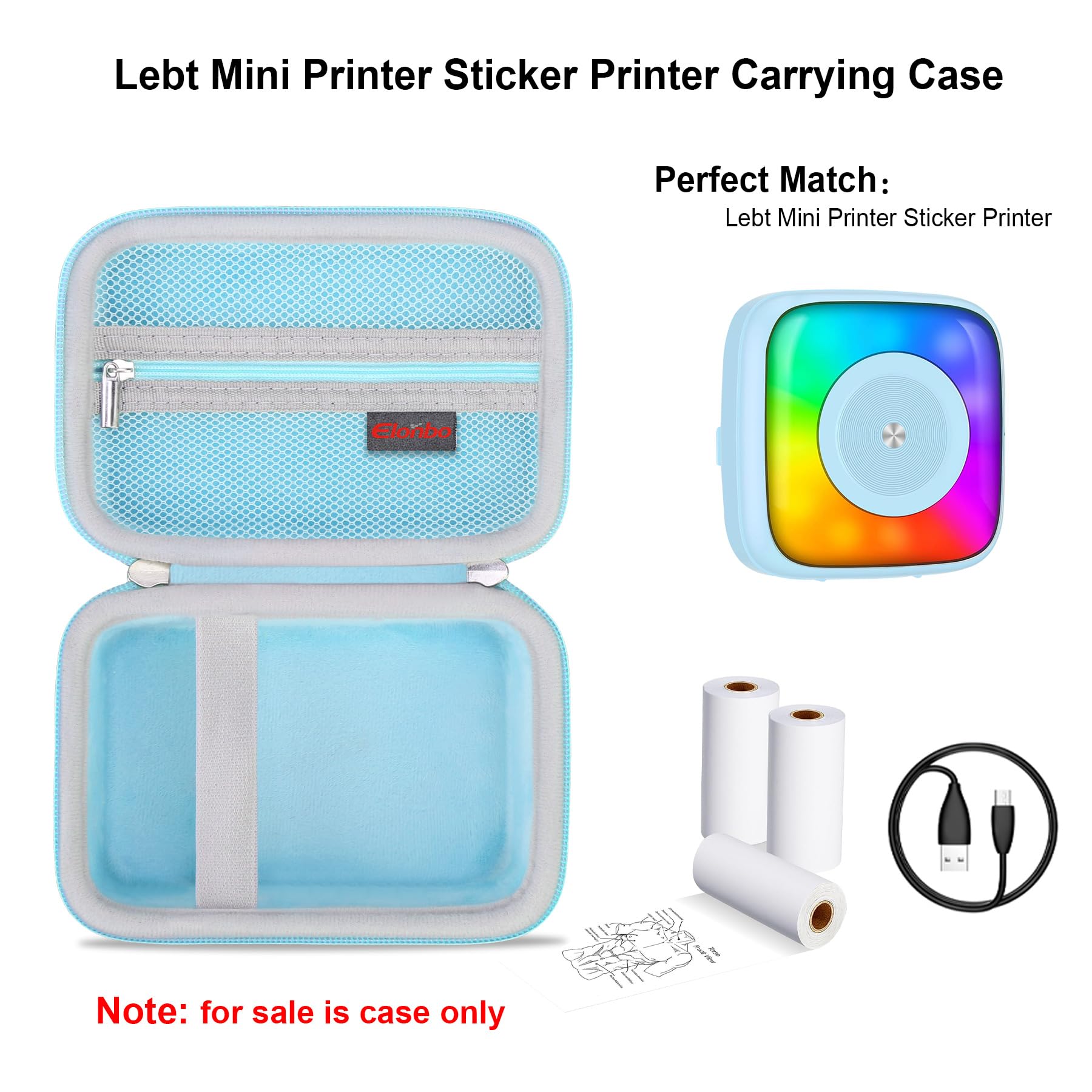 Elonbo Portable Carrying Case for Lebt Mini Sticker Pocket Printer | Durable Travel Bag for Thermal Label Printer | Storage Holder with Mesh Pocket for Label Paper Rolls & Tape (Blue) | Perfect for Office, Shipping & Crafting Supplies Organization