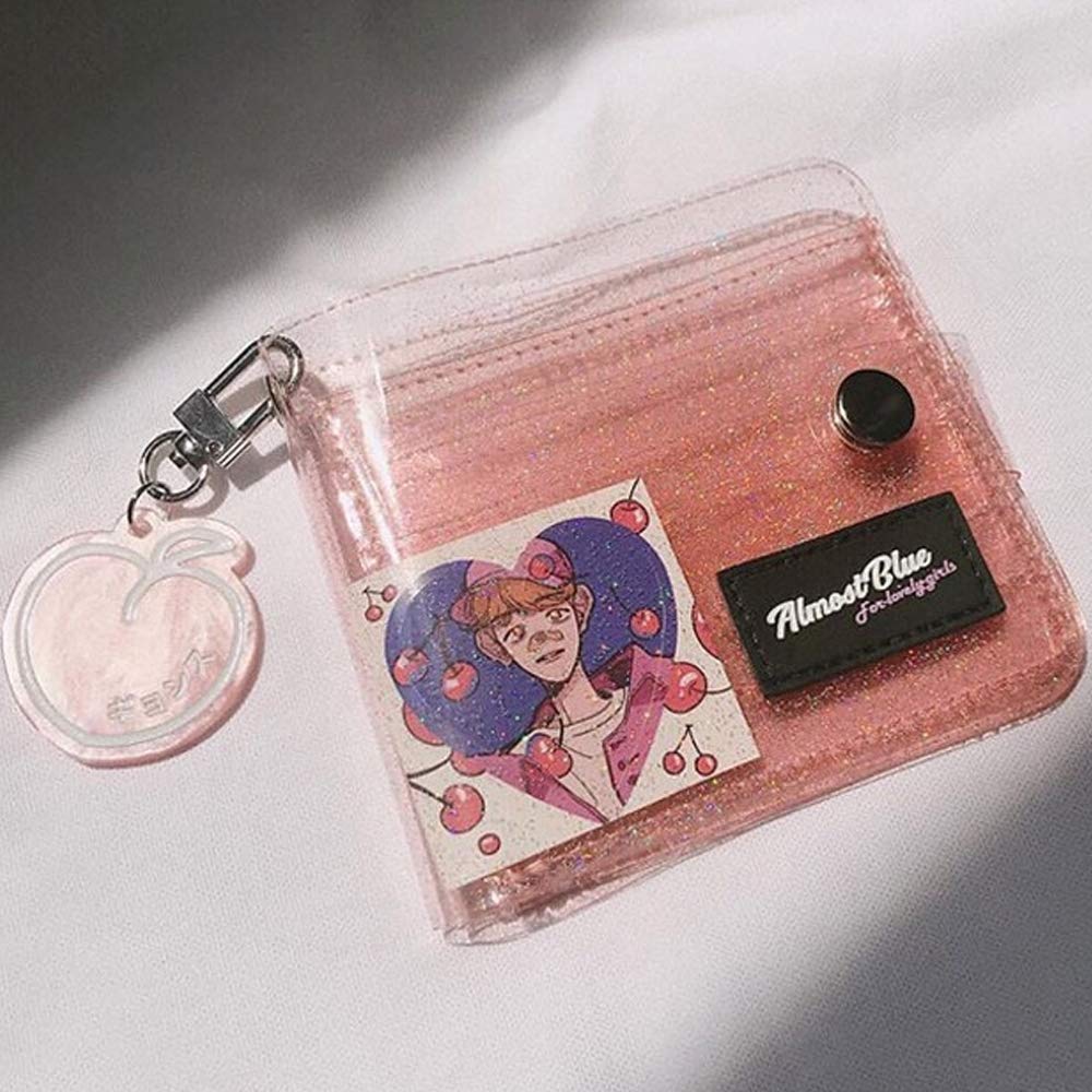Clear PVC Glitter Card Holder Wallet for Women - Transparent ID Case with Neck Lanyard, Folding Design for Cash, Coins & Photos (Pink) - Perfect for Travel, Work & Everyday Use