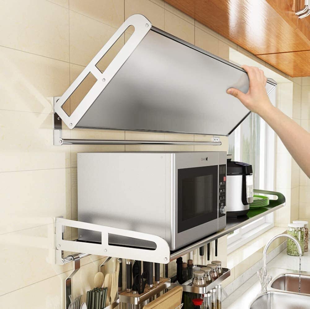 Viinice Stainless Steel Retractable Wall Mount Shelf - 60x40x12.5cm Microwave Oven Stand, Kitchen Storage Rack for Pots, Lids & Cookware | Space-Saving Organizer for Small Kitchens & Apartments