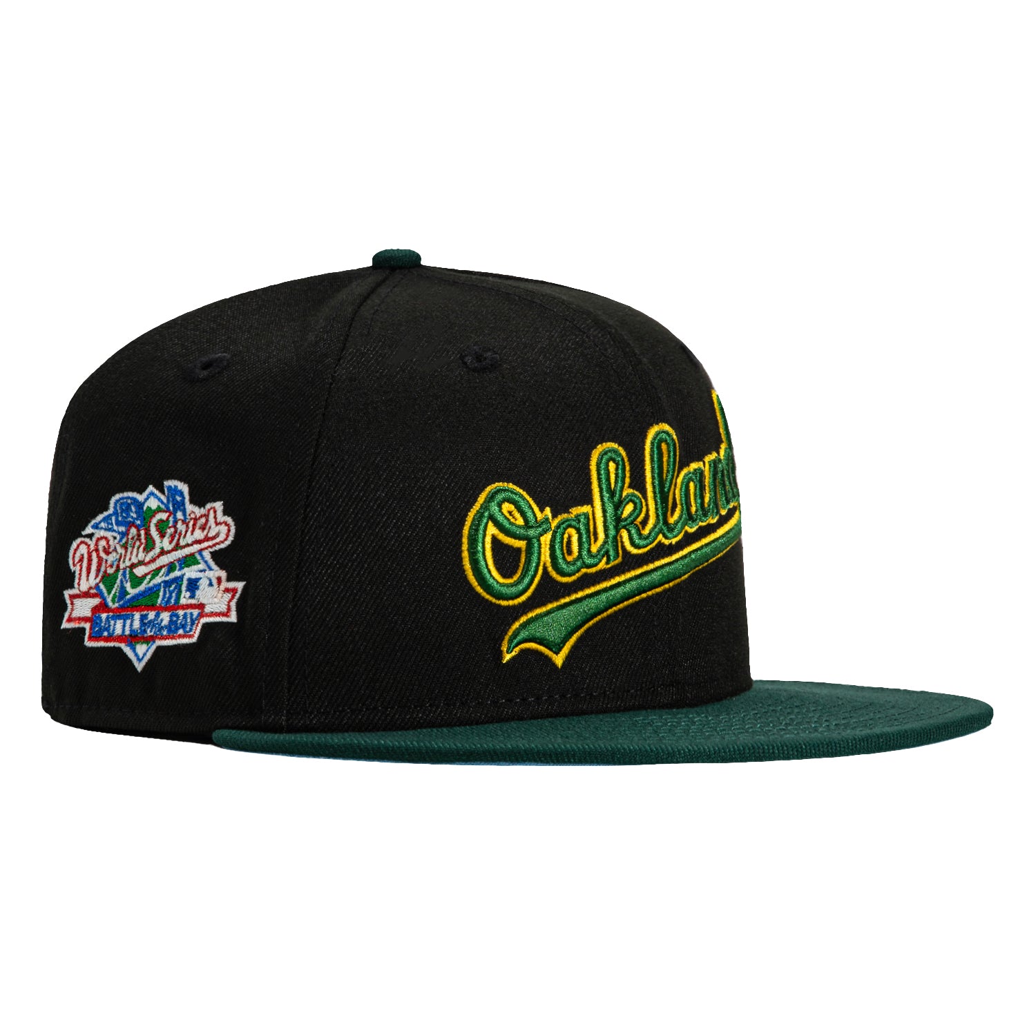 New Era 59Fifty Oakland Athletics Battle of the Bay Patch Script Hat - Black, Green & Gold Baseball Cap for Men - Perfect for Games, Fan Gear & Streetwear Fashion