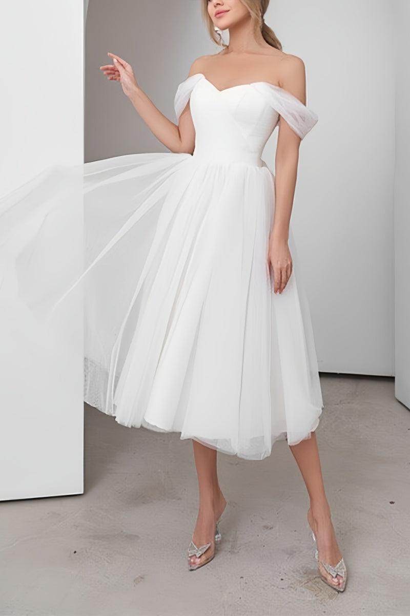 Elegant Off Shoulder Sleeveless Tulle Little White Dress CW3387 - Perfect for Weddings, Parties & Special Occasions