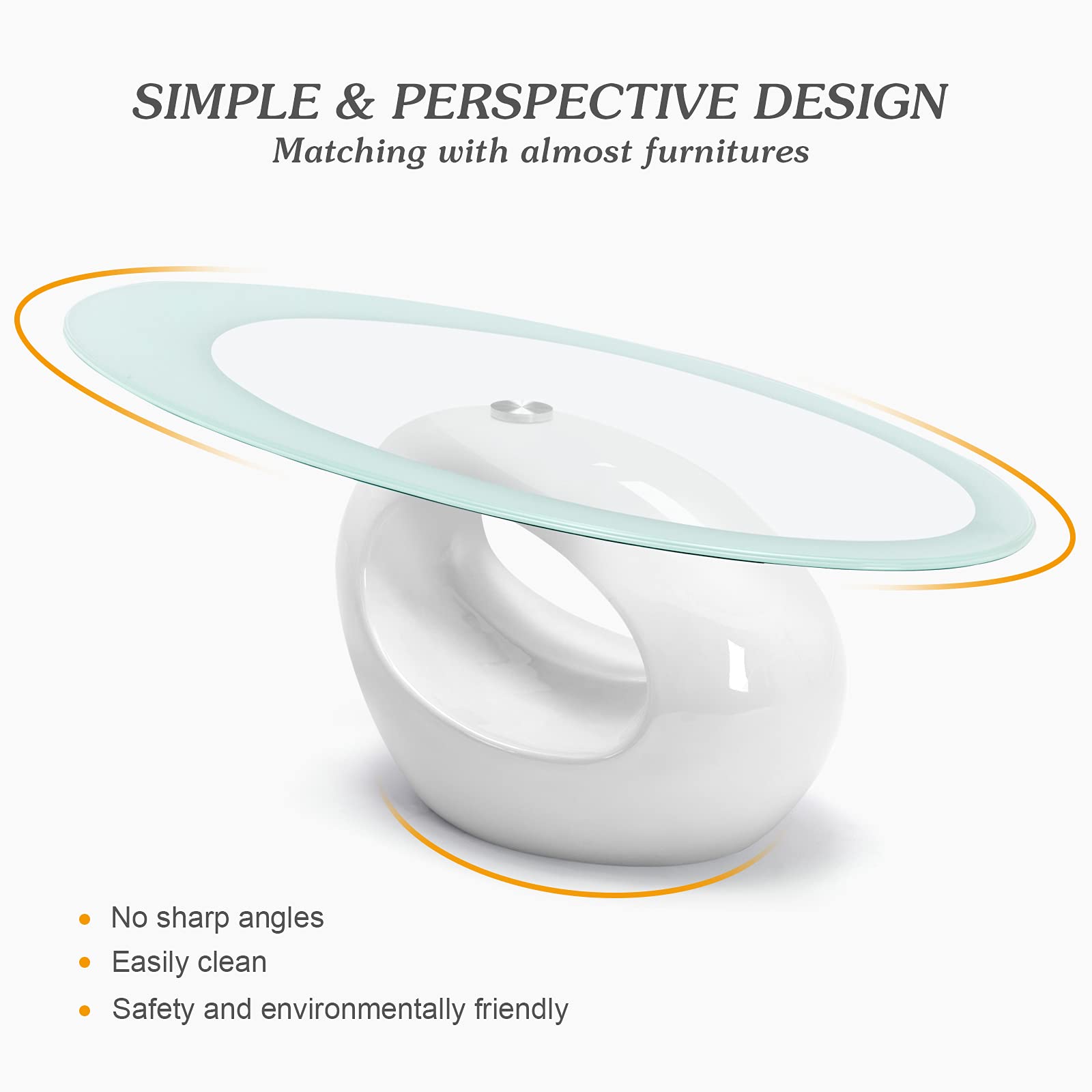 Modern Oval Glass Coffee Table with Tempered Top & Glossy Storage Base - Contemporary Living Room Center Table for Sofa & Lounge Areas - White