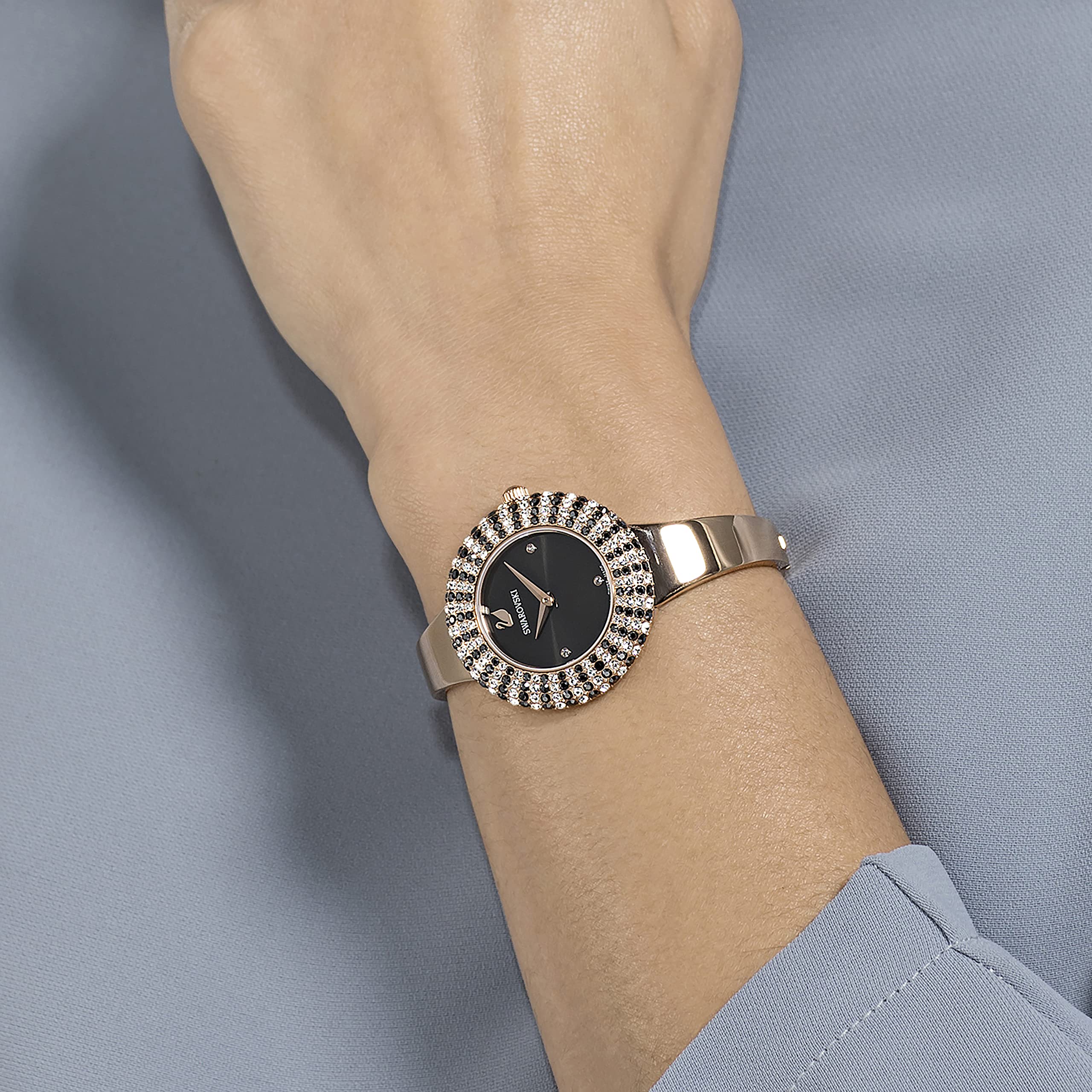 Swarovski Crystal Rose Watch with Metal Bracelet - Black & Rose Gold-Tone Finish | Elegant Women's Fashion Accessory for Parties, Weddings & Special Occasions