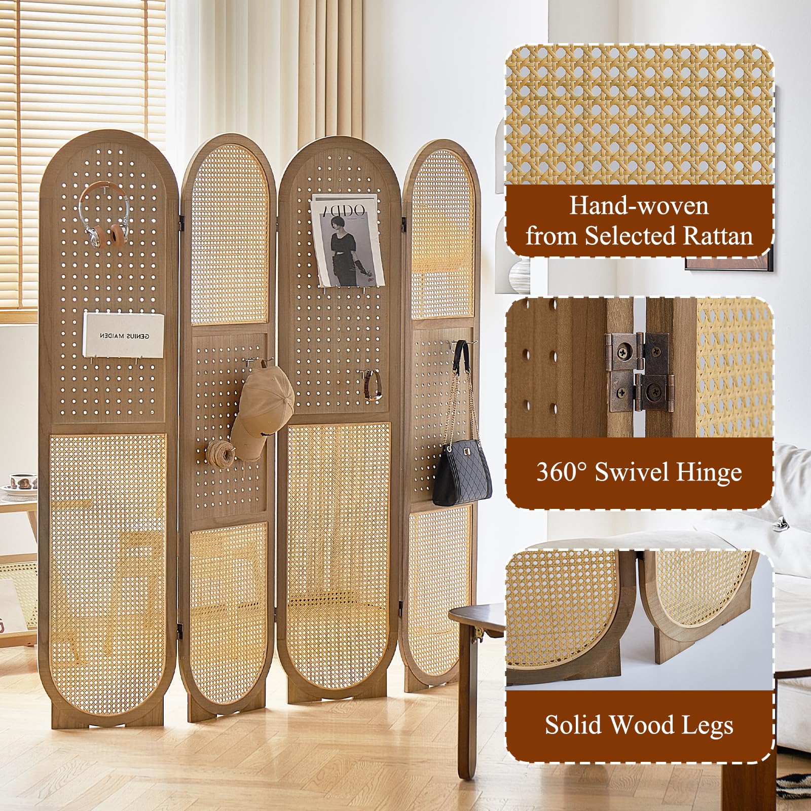 Rattan Room Divider Panel - 4-Panel Folding Privacy Screen with 16 Hooks | Pegboard Display for Jewelry Store, Bazaar & Bedroom | Wooden Partition Wall for Home, Office & Retail Spaces (Brown)