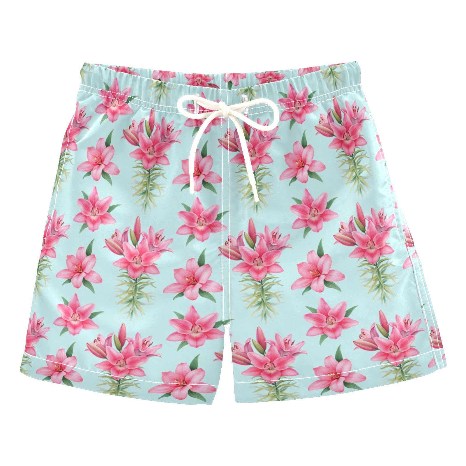 Boys Quick Dry Swim Trunks with Watercolor Lily Print - Adjustable Waist & Mesh Lining for Beach, Pool & Summer Activities