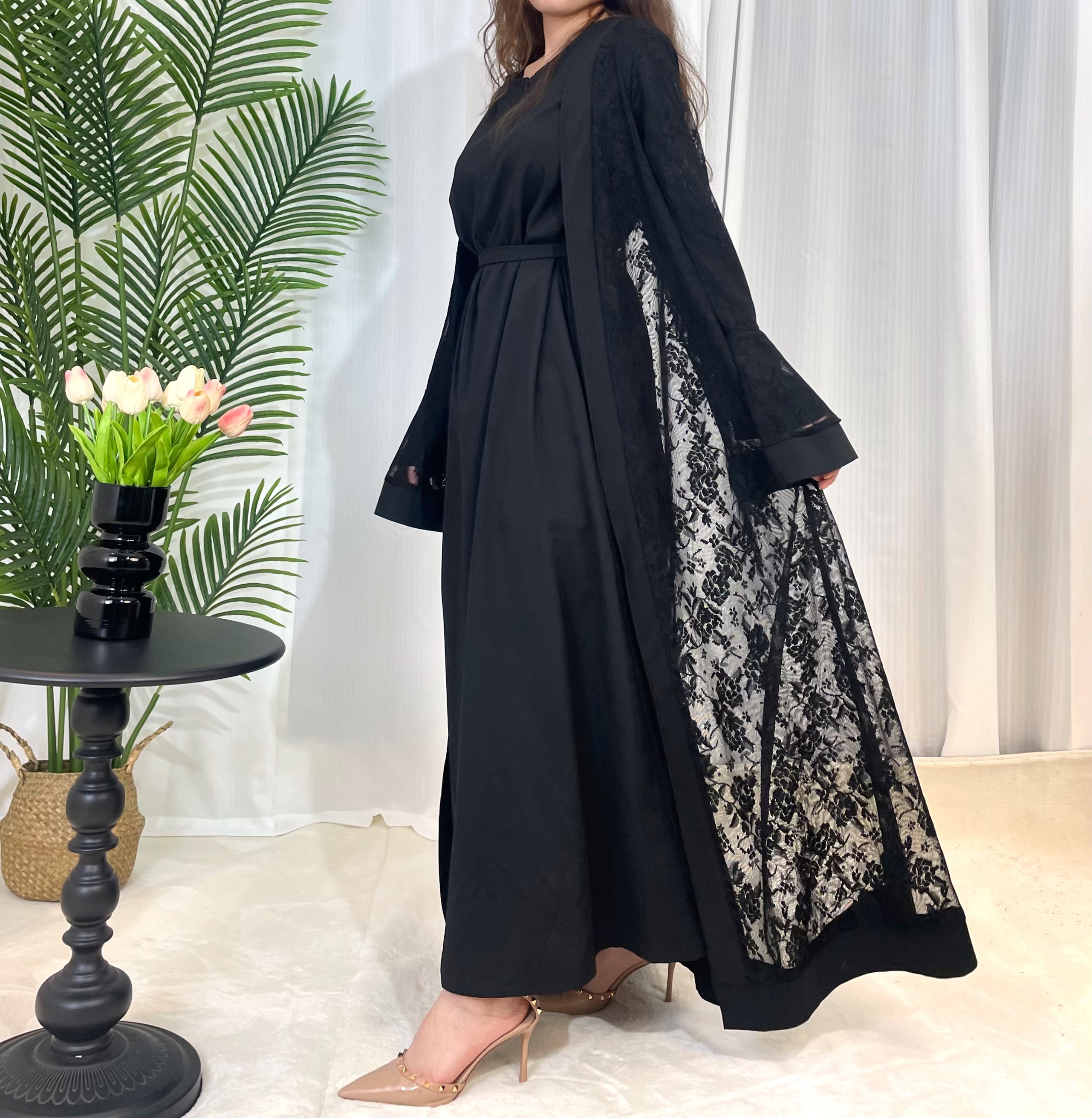 CL59 Elegant Lace Two-Piece Abaya Set - Modest Muslim Dress with Inner Gown & Cardigan for Women | Perfect for Eid, Ramadan & Special Occasions