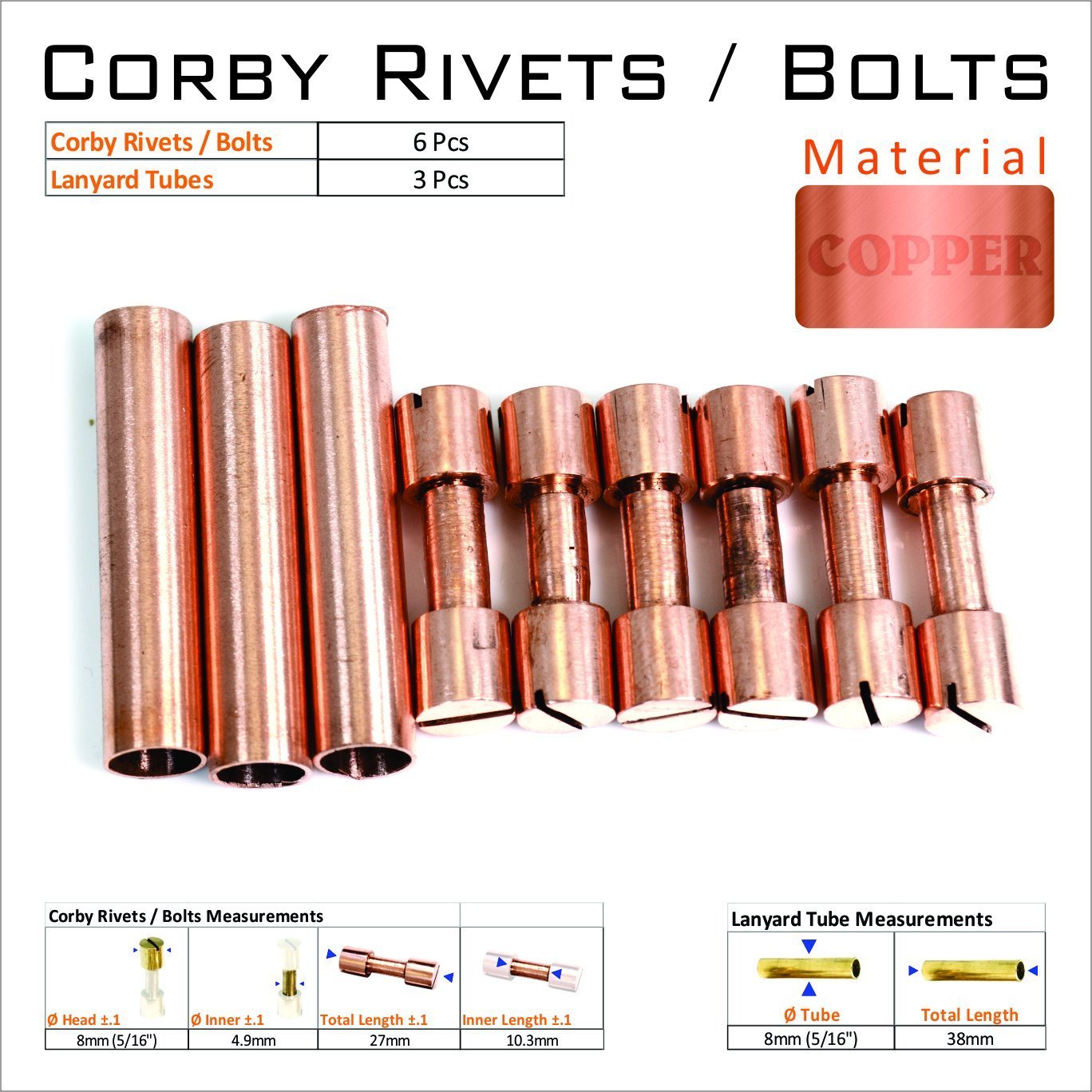 Premium Copper Knife Making Supplies - 6 Solid Copper Rivets & 3 Lanyard Tubes for Secure Blade Mounting | DIY Knife Crafting, Handle Repair & Custom Knife Building Accessories