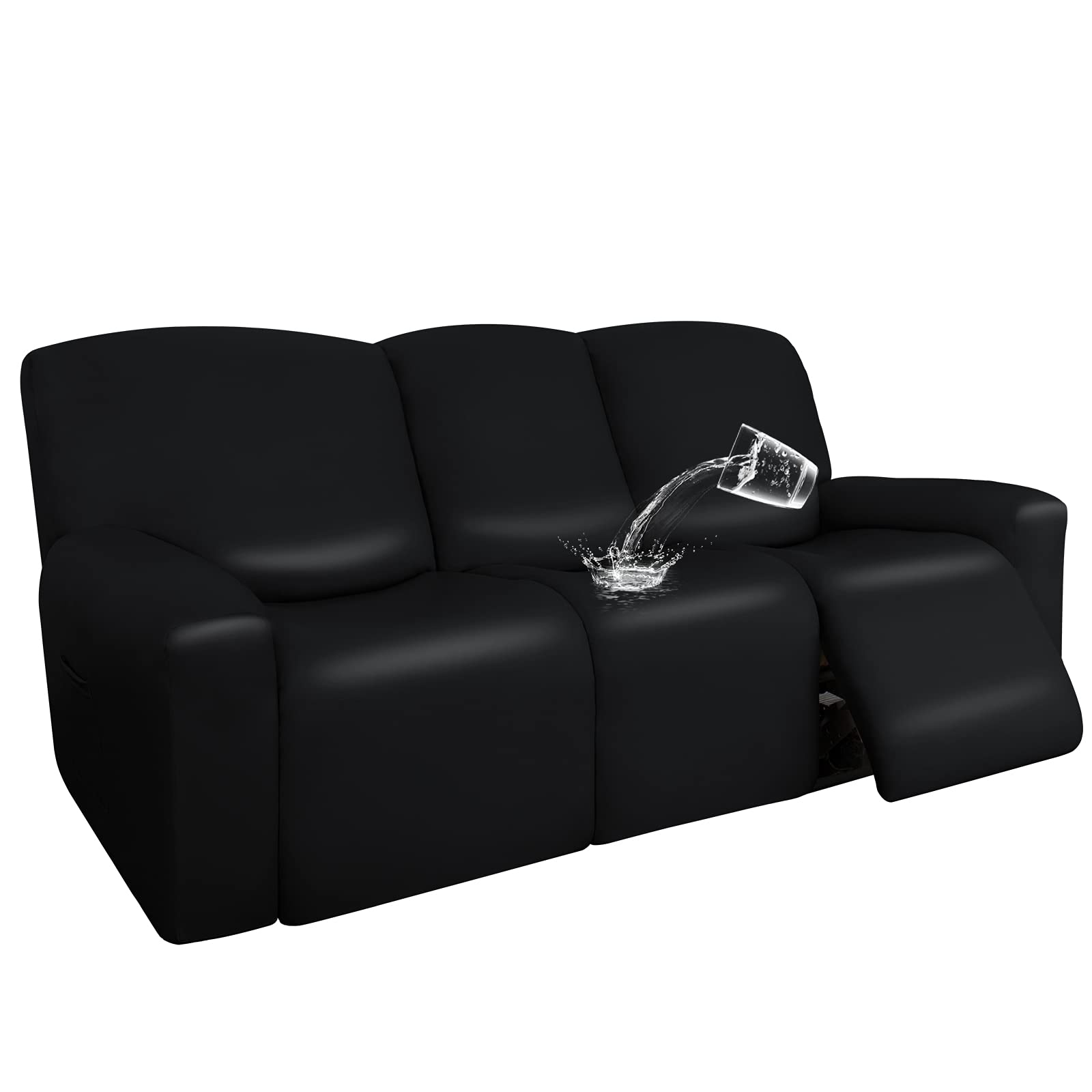 Waterproof Stretch Sofa Covers - 8 Piece PU Leather Recliner Slipcover Set with Elastic Straps - Furniture Protector for Pets & Kids - Black - Perfect for Living Room, Family Room & Pet-Friendly Homes