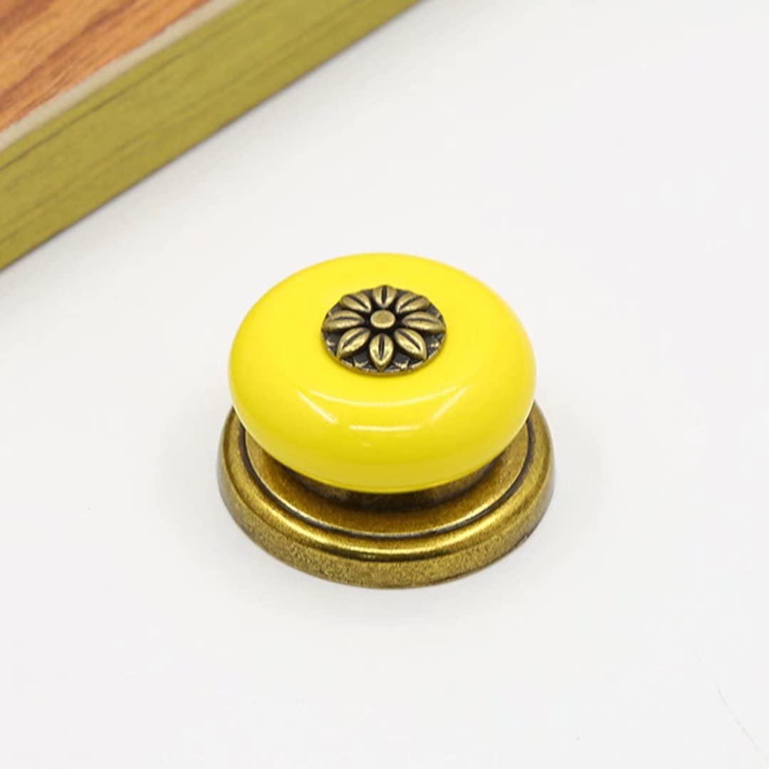 Ceramic Cabinet Knobs and Drawer Pulls - 2 Pack Yellow Round Door Handles for Dresser, Closet, Cupboard & Wardrobe - Durable Hardware for Home & Office Organization