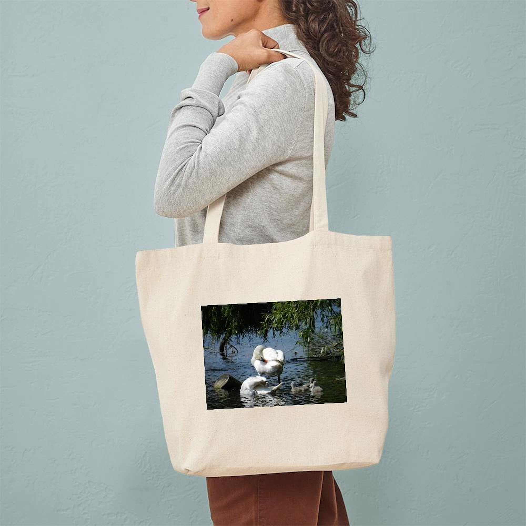 Swan and Cygnets Canvas Tote Bag - Natural Reusable Shopping Bag for Groceries, Beach, Work & Daily Use