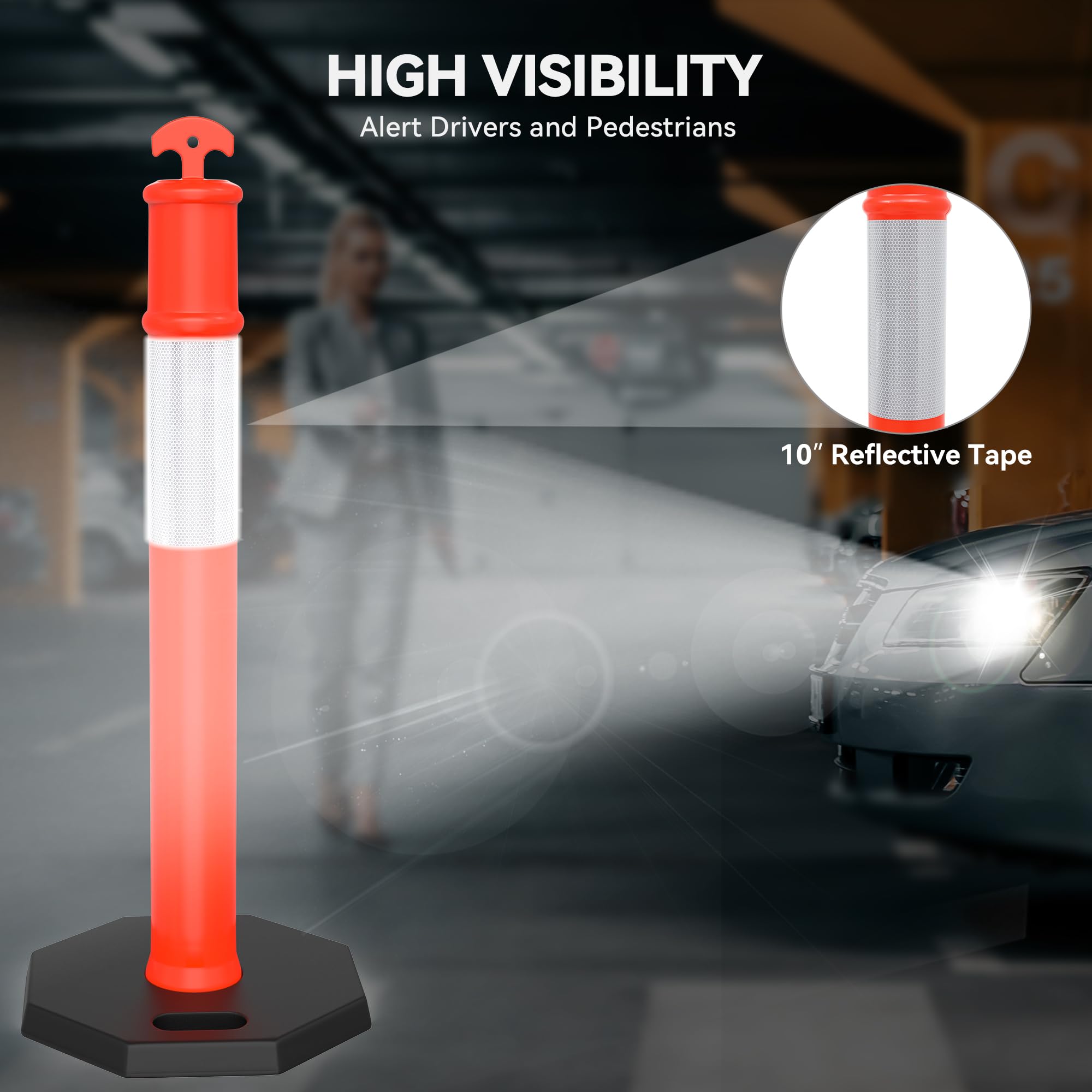 YITAHOME 4-Pack 45-Inch Traffic Delineator Posts with Reflective Collars & Heavy-Duty Base - Safety Cones for Parking Lots, Road Construction, Events & Temporary Traffic Control | Weather-Resistant PVC for Outdoor Use