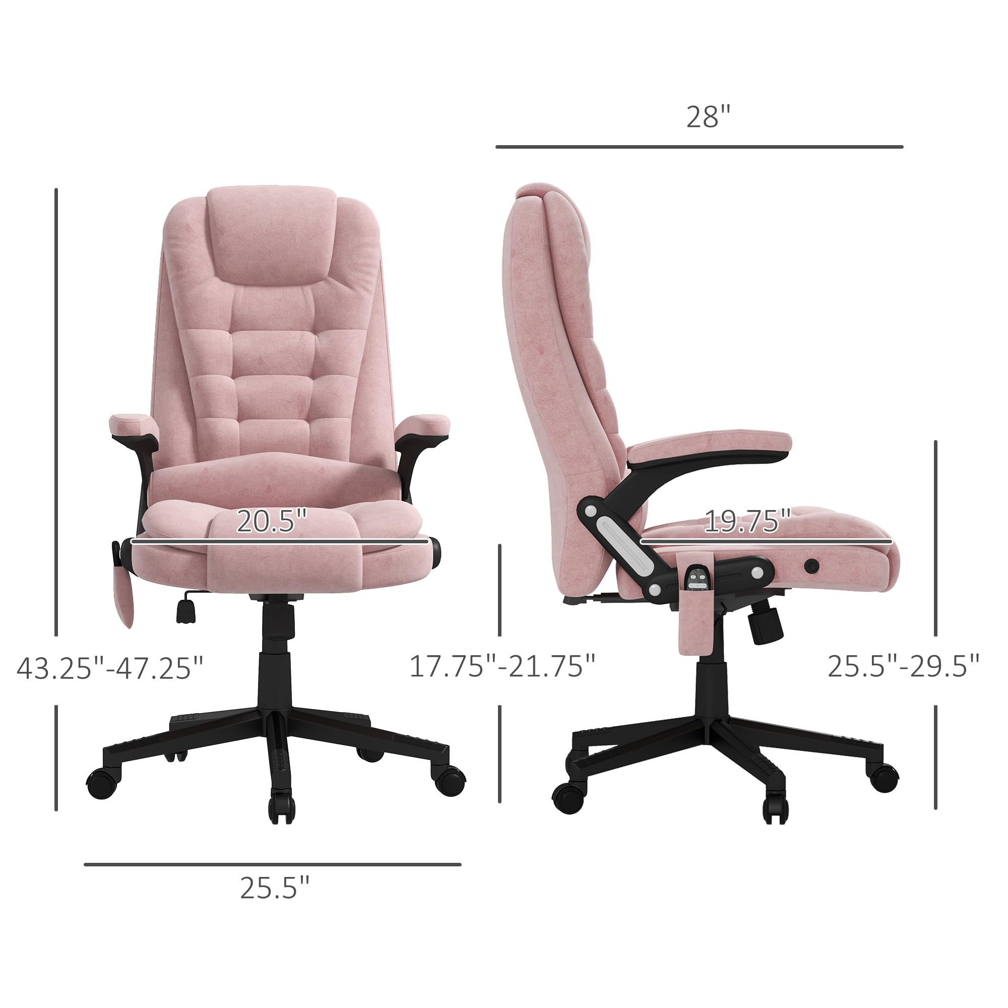 HOMCOM 6-Point Vibrating Massage Office Chair with Heat - Velvet High Back Executive Chair, Reclining Backrest & Padded Armrests - Remote Control - Pink - Perfect for Home Office, Gaming & Relaxation