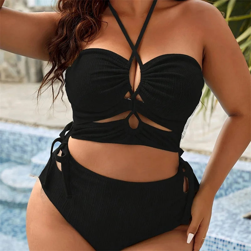 2025 Trendy Big Size Women's Bikini Set - Sexy Halter Two Piece Swimwear with High Waist & Bandage Design | Perfect for Beach Vacations, Pool Parties & Summer Getaways