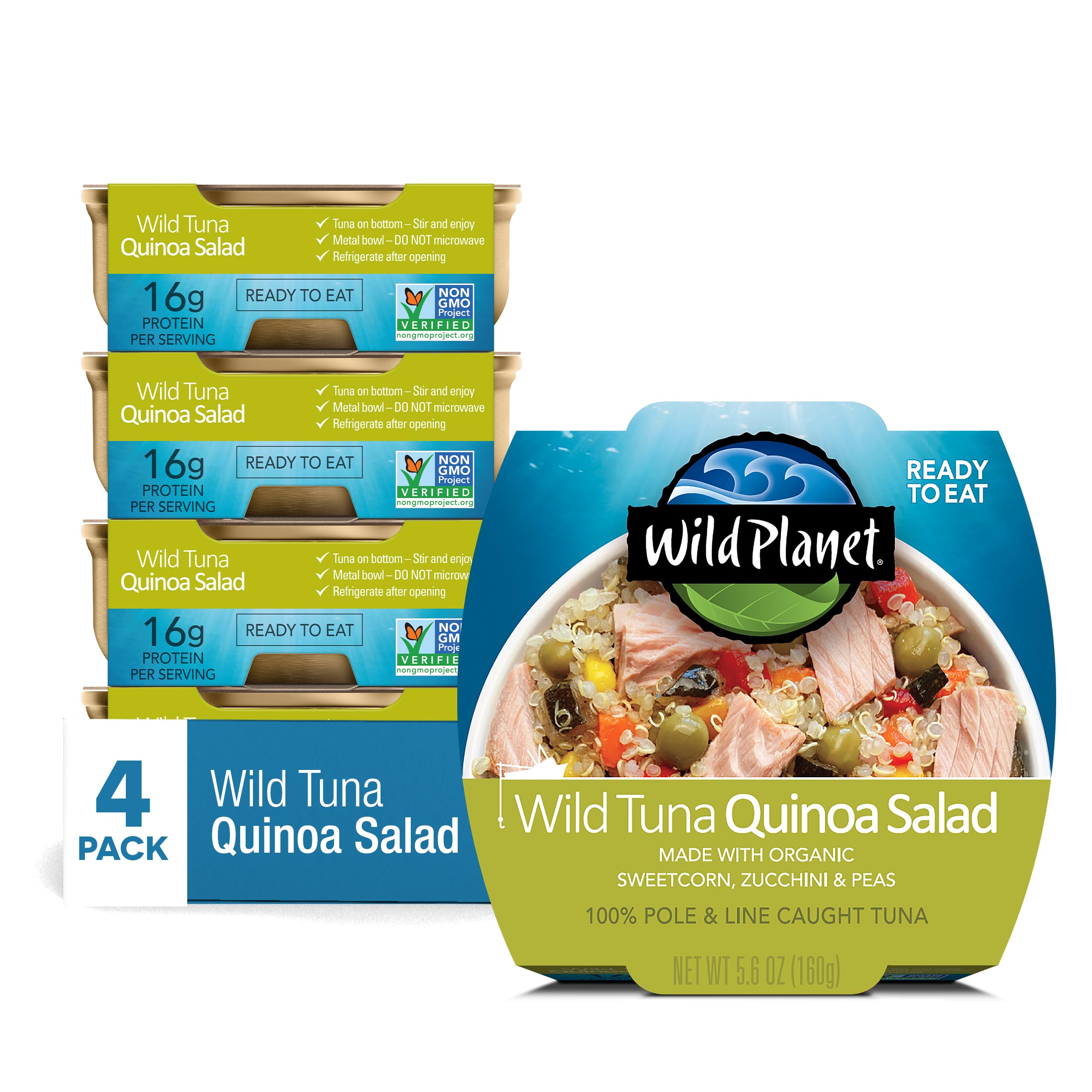 Organic Wild Tuna Quinoa Salad with Sweetcorn, Zucchini & Peas - Ready-to-Eat Healthy Lunch - 5.6oz (Pack of 4) - Perfect for Office Meals, Picnics & Quick Healthy Snacks