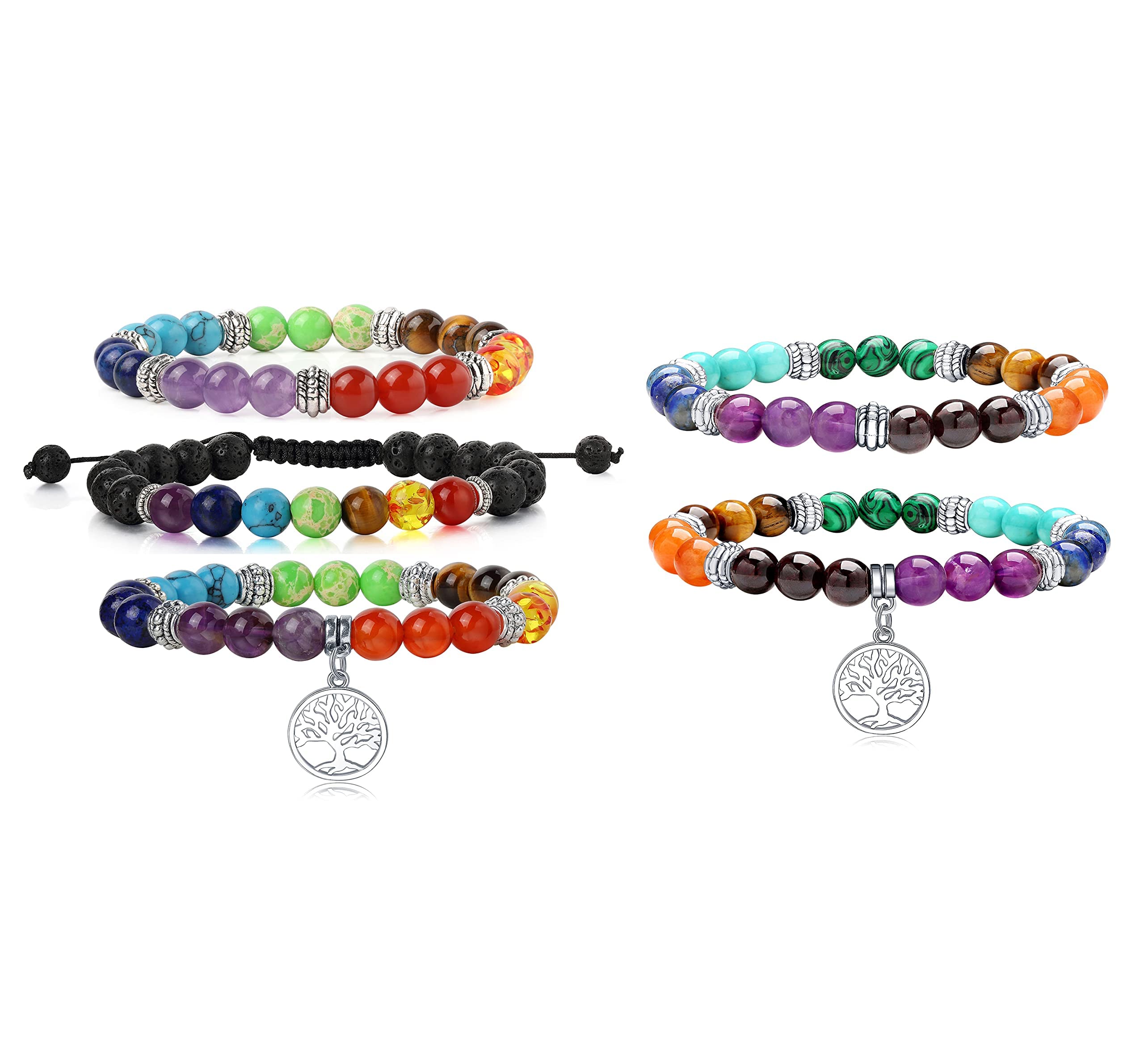 7 Chakra Lava Rock Bead Stretch Bracelet Set - 3 Pcs Lava Stone & 2 Pcs Natural Chakra Meditation Bracelets for Women & Men - Yoga, Spiritual Healing & Positive Energy Jewelry
