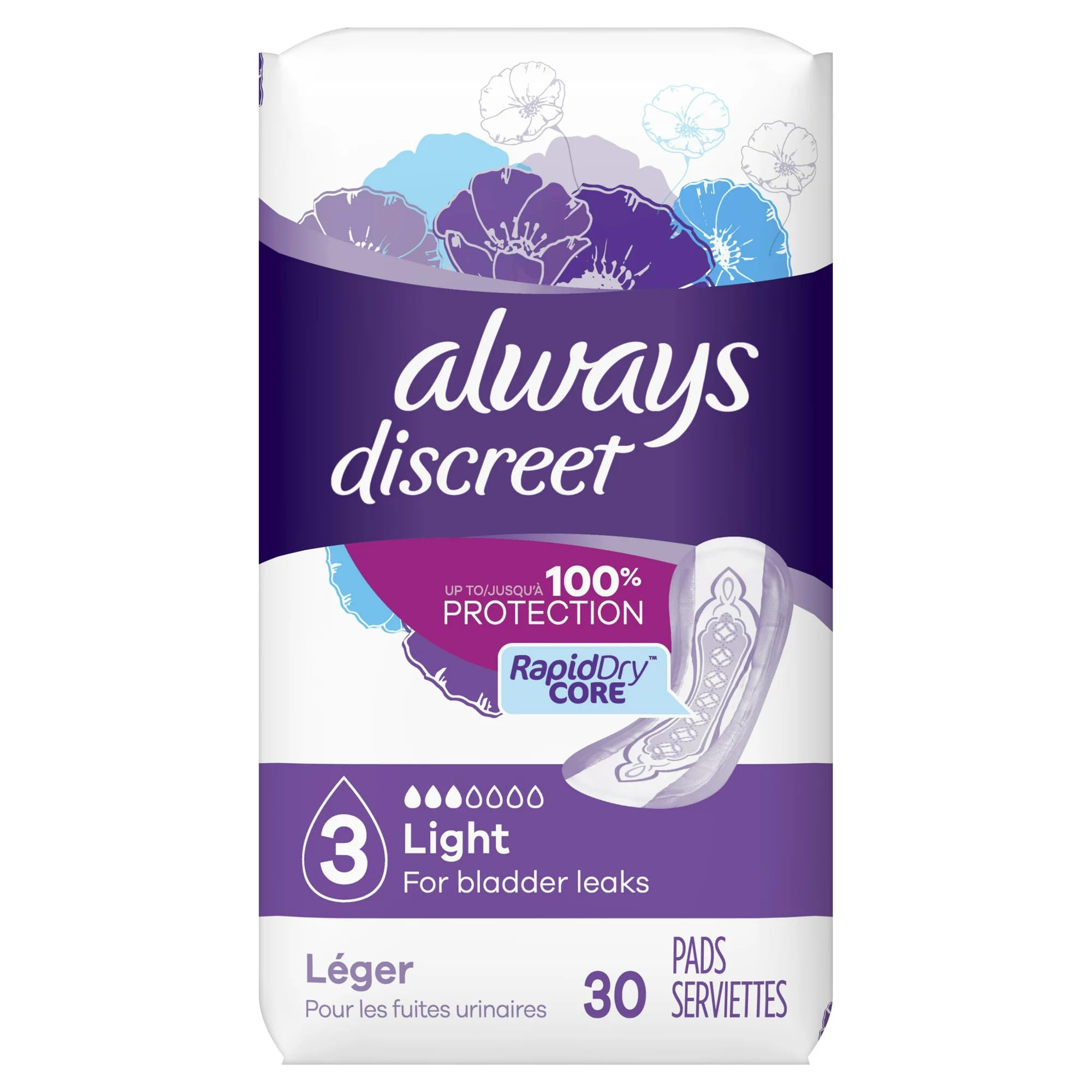 Always Discreet Incontinence Pads for Women - Light Absorbency (3 Drops), 30 Count per Pack (4 Packs) - Bladder Leak Protection for Daily Use, Exercise & Travel