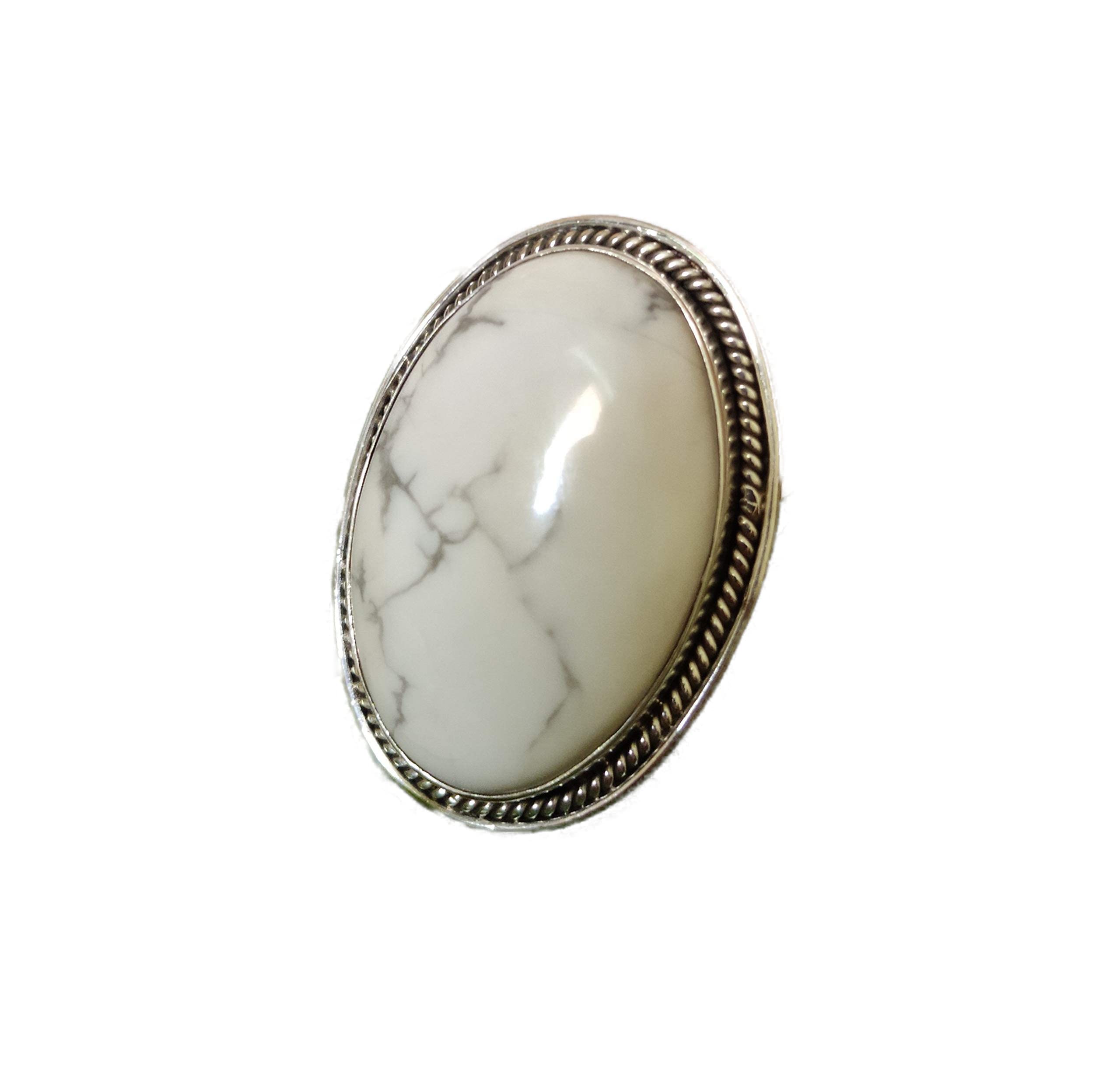 White Howlite Sterling Silver Ring – Large Bohemian Turquoise Howlite Promise Ring for Women – Buffalo Ring, Healing Crystal Jewelry, Vintage Gypsy Style Bridesmaid Gift – Perfect for Boho Fashion, Spiritual Healing & Special Occasions