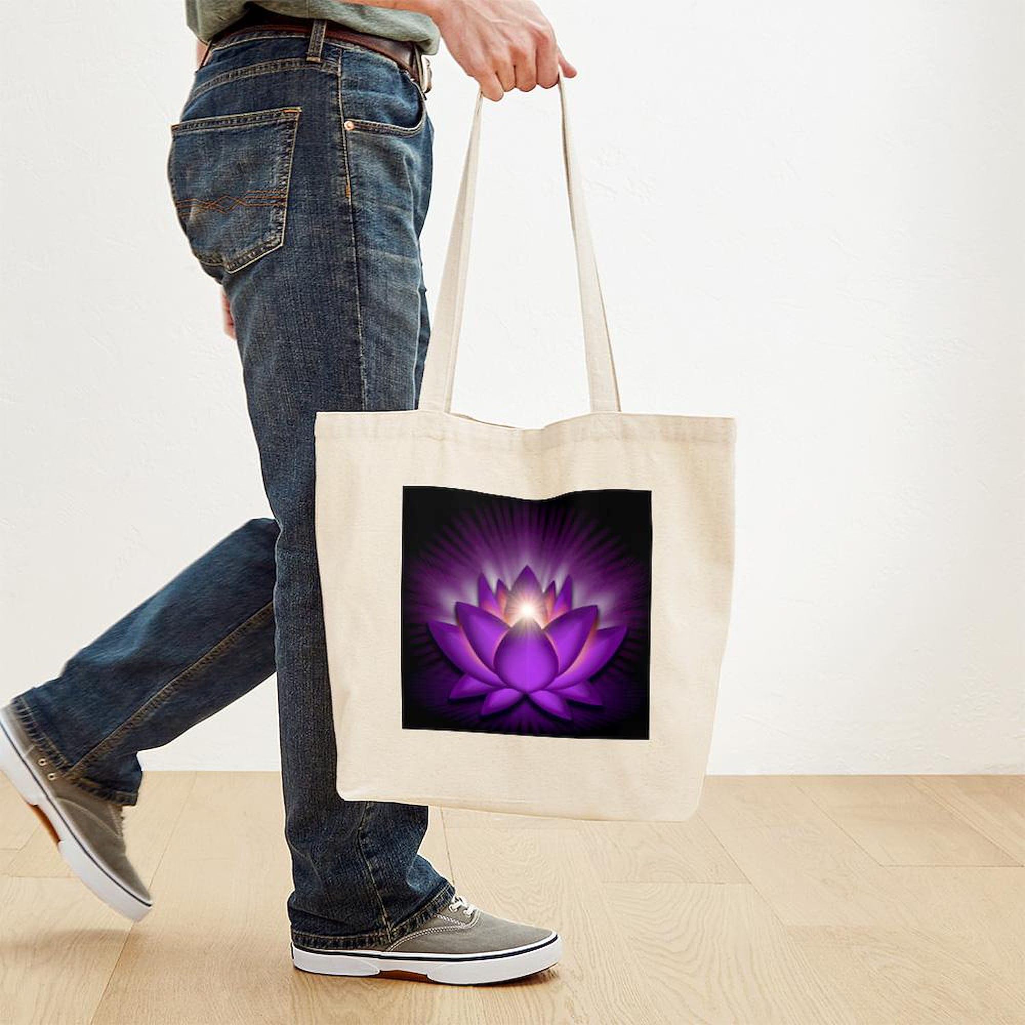 Chakra Lotus Crown Violet Square Tote Bag - Natural Canvas Reusable Shopping Bag for Yoga, Meditation & Eco-Friendly Grocery Shopping