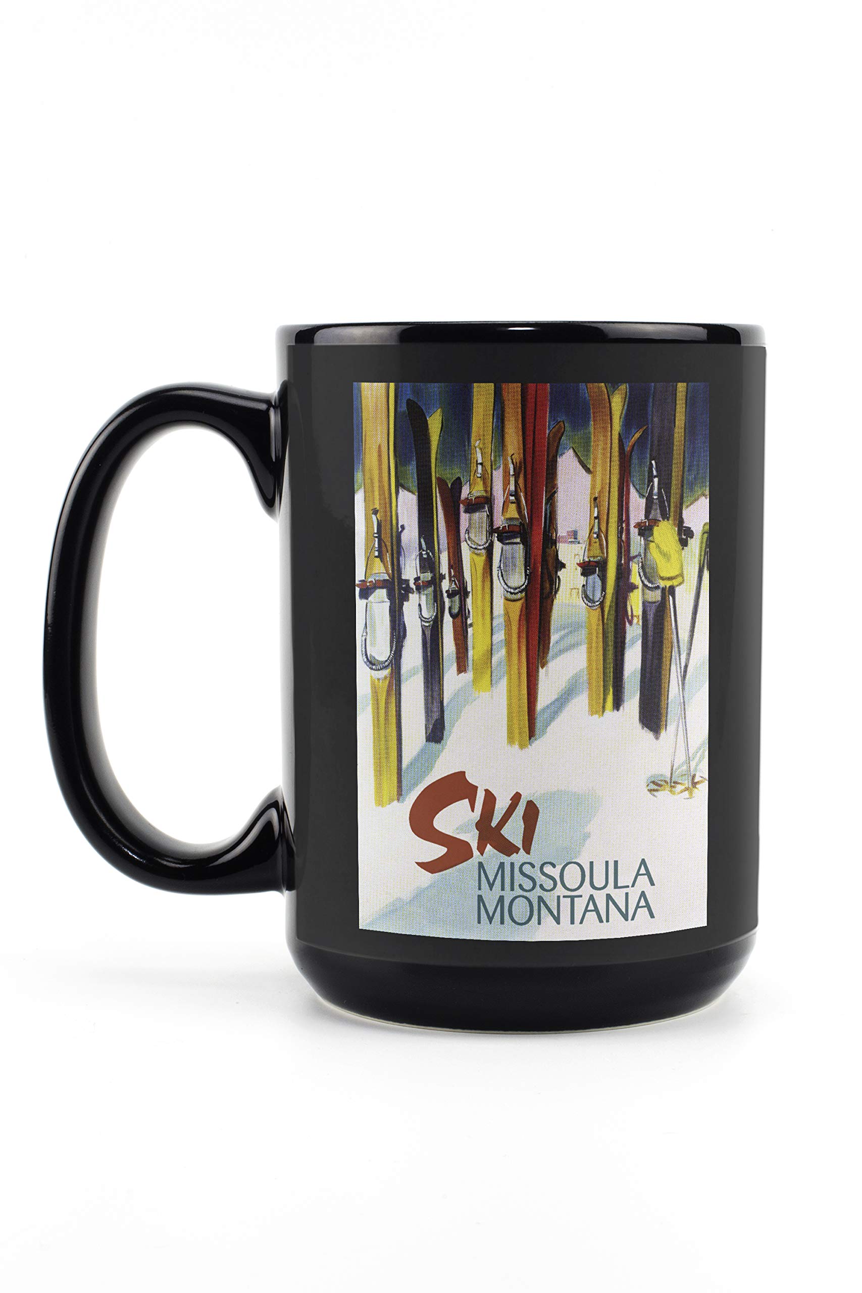 Lantern Press Missoula Montana Ski Design 15oz Black Ceramic Coffee Mug - Microwave & Dishwasher Safe - Perfect for Hot Cocoa, Tea & Office Use