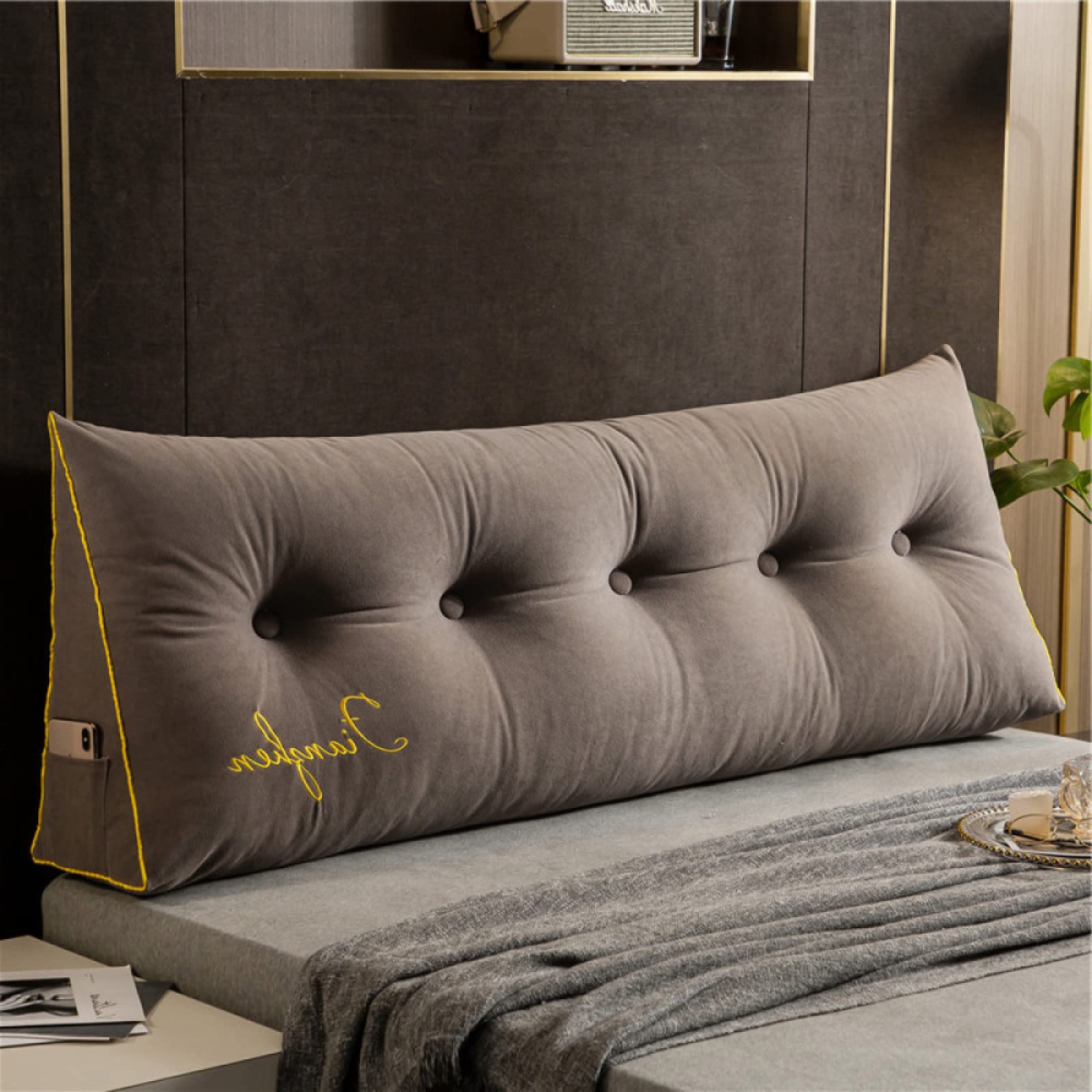 Triangular Wedge Pillow with Letter Embroidery - Back Cushion for Reading & Daybed - Washable Coffee (200×50×20cm)
