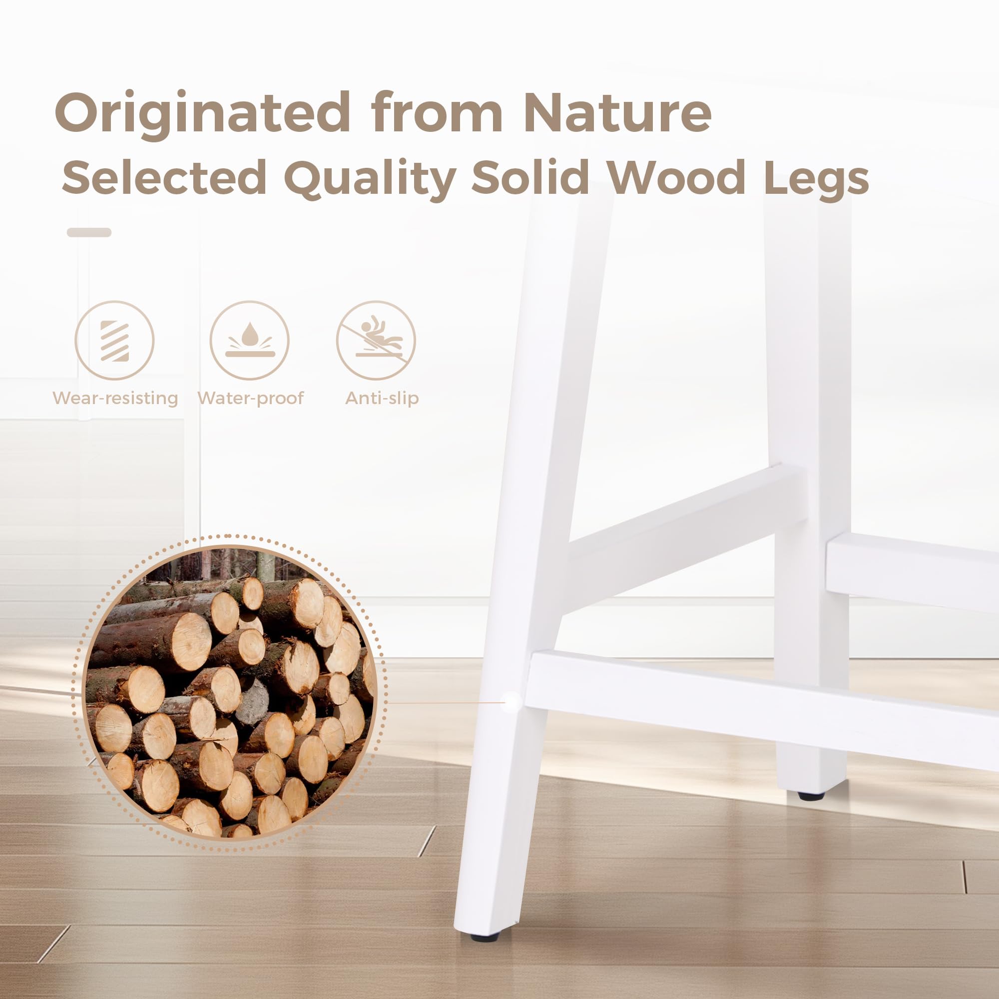 MAISON ARTS 24in Beige Counter Height Bar Stools Set of 4 - Solid Wood Legs & Faux Leather Saddle Seat - Farmhouse Kitchen Island Stools for 34