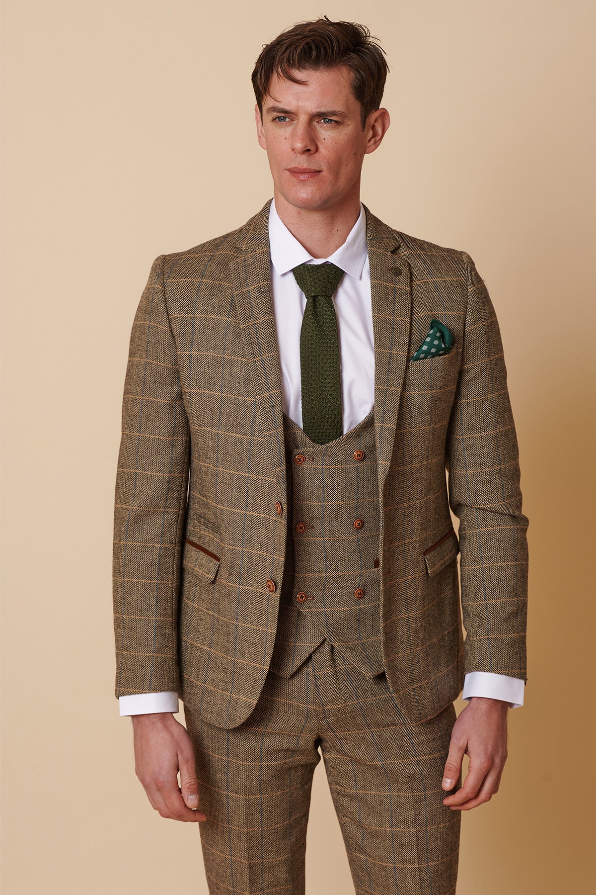 Premium TED Tan Tweed Check Three-Piece Suit with Double-Breasted Waistcoat - Formal Business Attire for Weddings, Office & Special Occasions