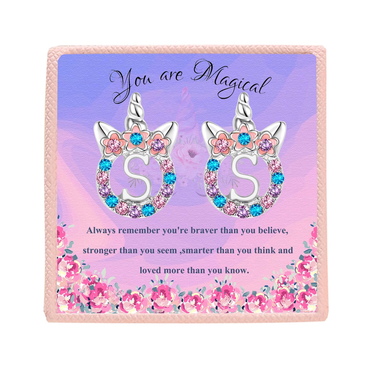 Rose Gold & Silver Initial Unicorn Stud Earrings for Girls - Hypoallergenic Rhinestone Letter Jewelry | Kids Toddler Gifts for Birthdays, Parties & Special Occasions