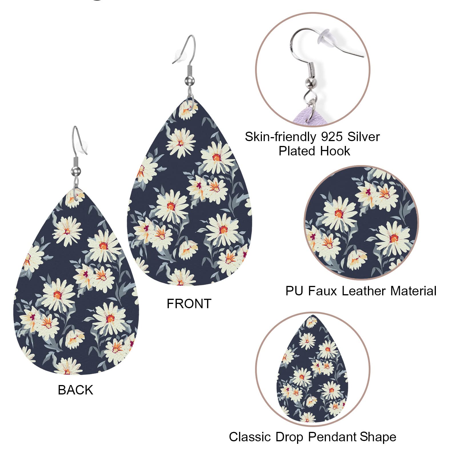 Zokola Drop Earrings - Daisy Floral Teardrop Earrings for Women, Lightweight Faux Leather Dangle Ear Pendants, Spring White Flower Meadow Design | Perfect for Spring Outfits, Weddings, and Everyday Wear