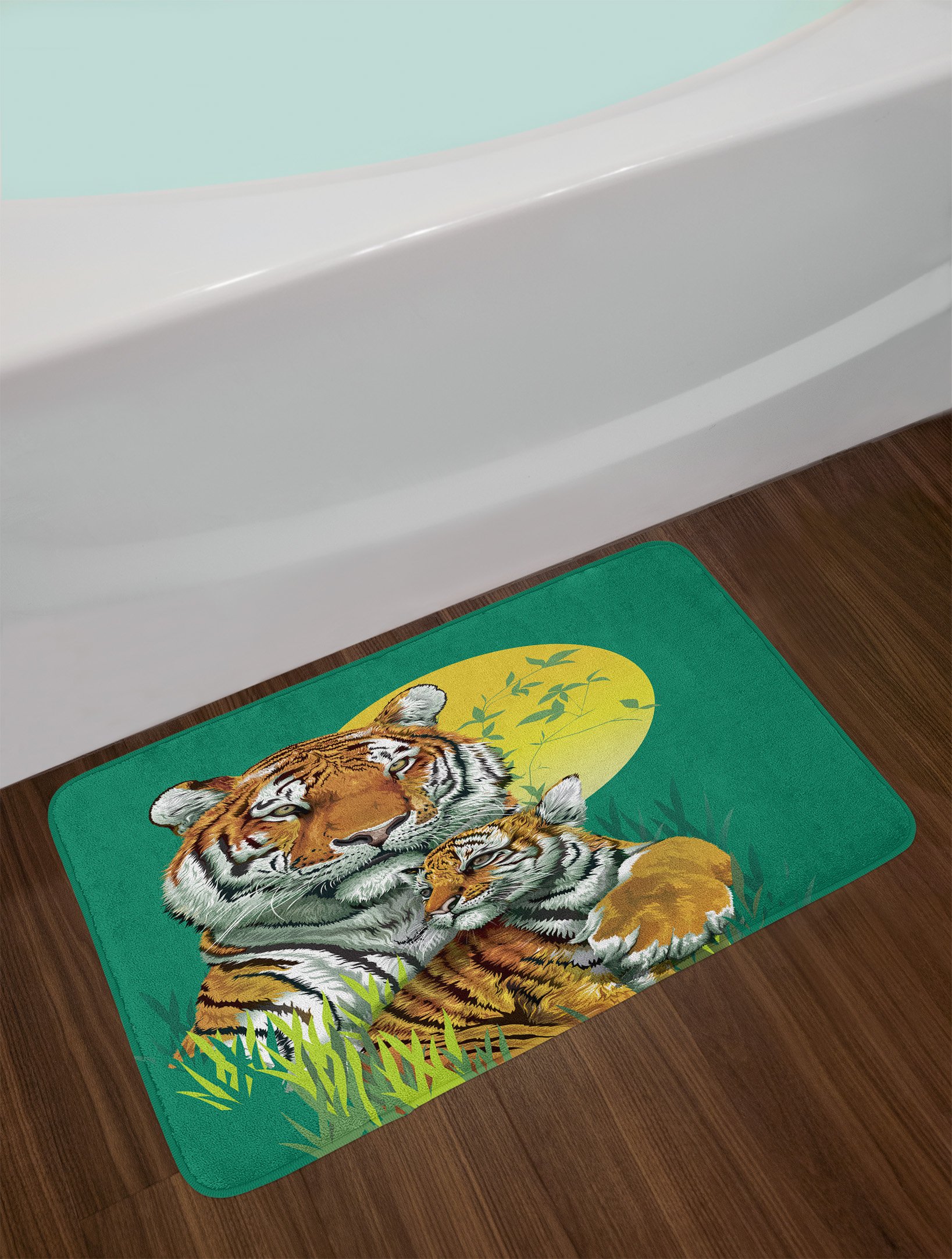 Ambesonne Plush Non-Slip Bath Mat - Jungle Tiger Family Under Moonlight Abstract Design, 30