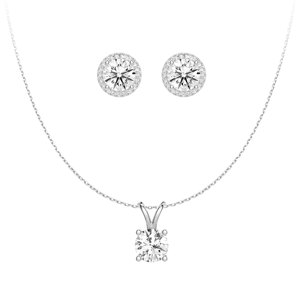Round Moissanite Solitaire V Bale Pendant with Pavé Halo Stud Earrings Set - Elegant Jewelry for Women, Perfect for Weddings, Anniversaries & Special Occasions