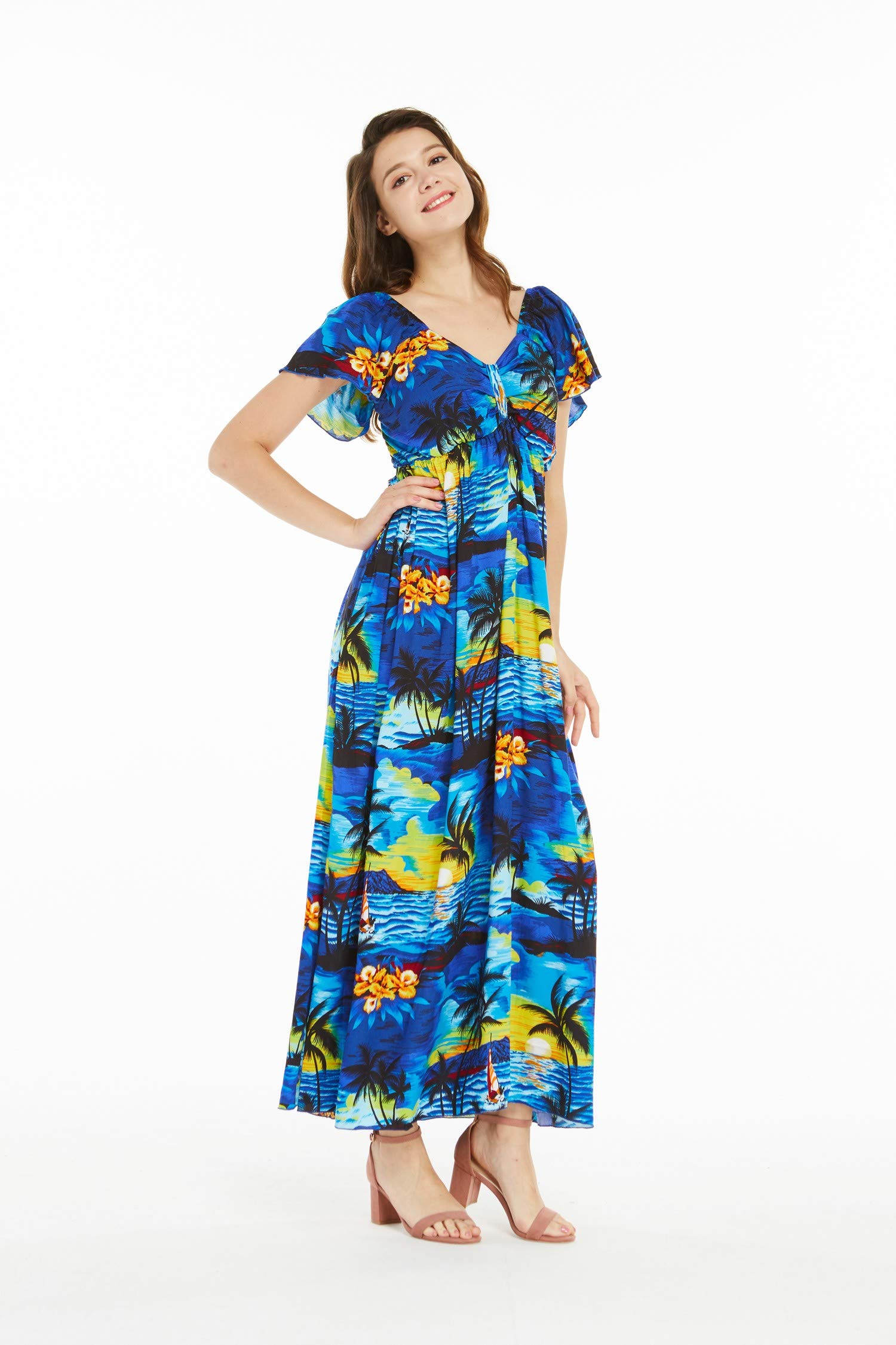 Women's Hawaiian Maxi Dress with Ruffle Sleeves - Sunset Print Floral Beach Dress for Vacation, Summer Party & Tropical Getaway