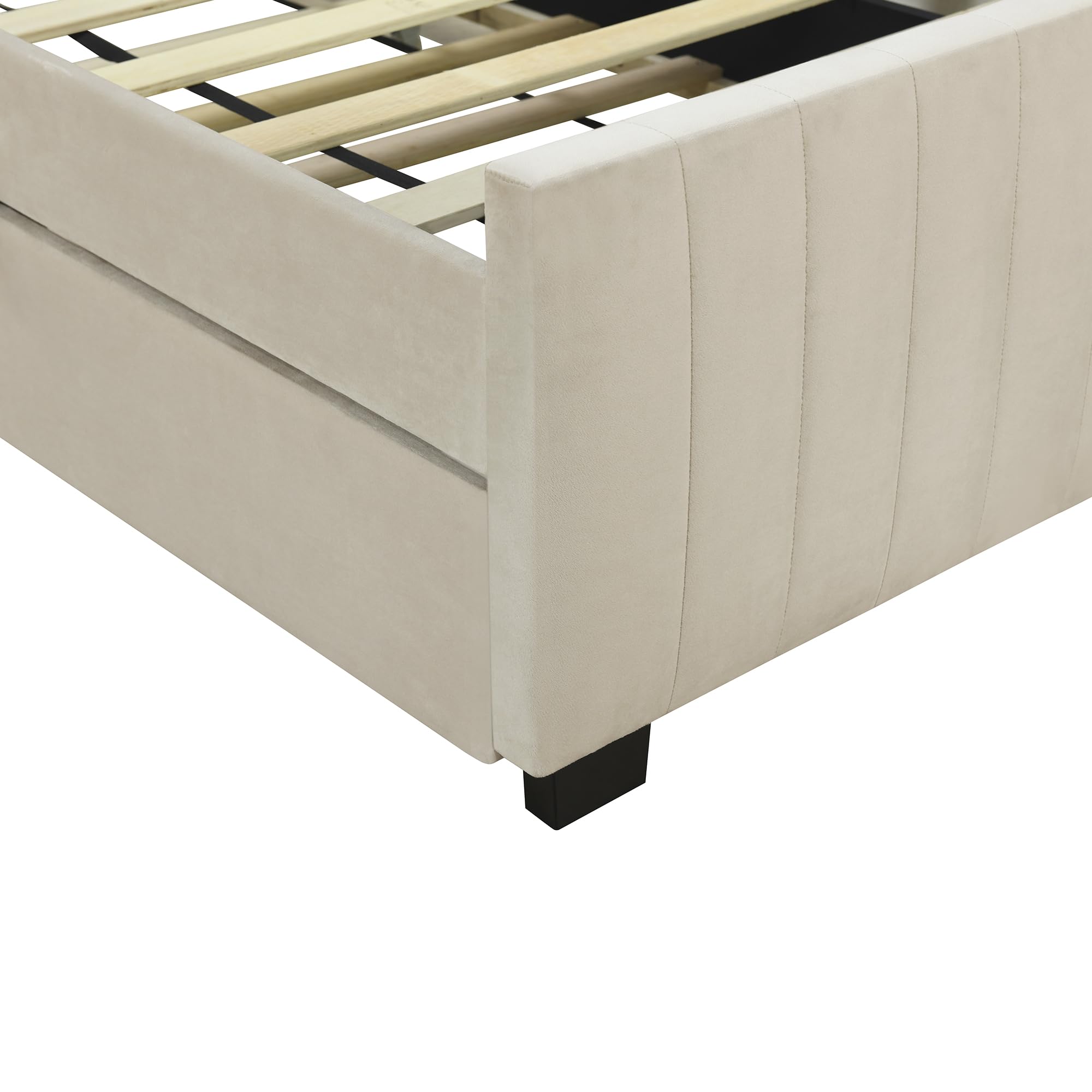 P PURLOVE Velvet Upholstered Twin Size Platform Bed Frame with Headboard & Trundle - No Box Spring Needed, Easy Assembly, Beige - Perfect for Small Bedrooms, Guest Rooms & Kids' Rooms