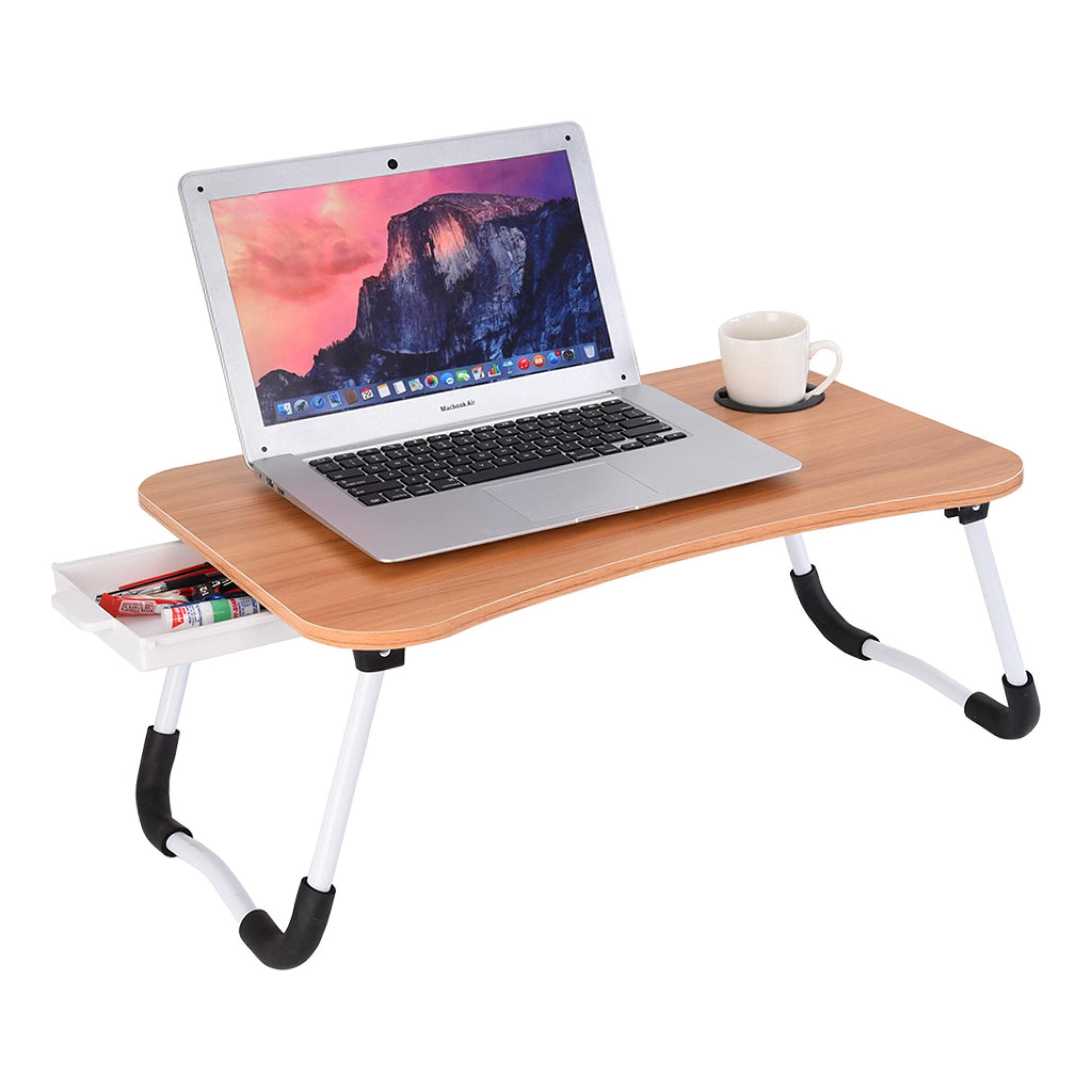 Foldable Laptop Bed Tray with Storage Drawer & Cup Holder - Portable Lap Desk for Working, Eating & Reading on Bed, Couch or Sofa (Wood Silver) - Perfect for Home Office, Dorm Room & Cozy Workspaces