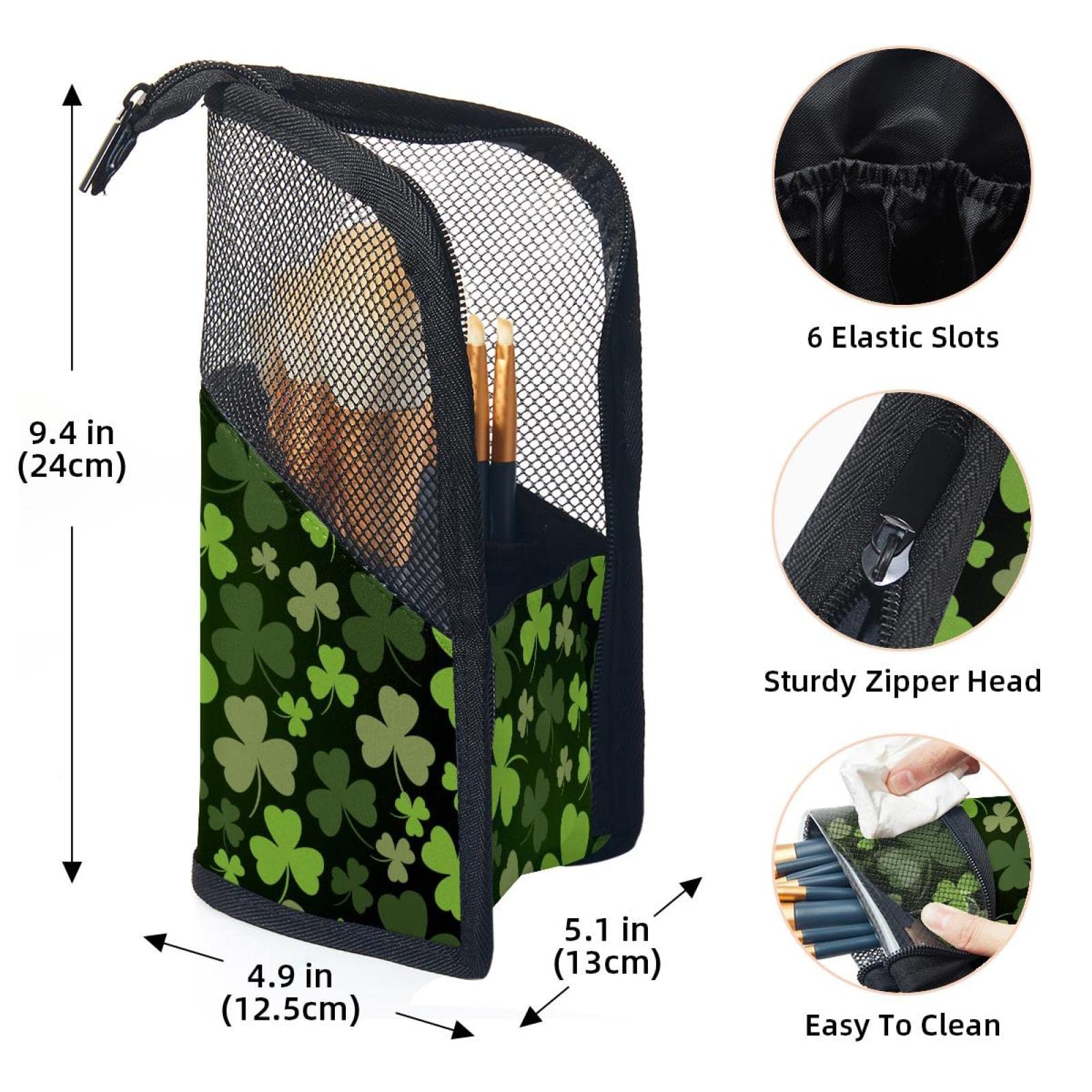 Portable Makeup Brush Organizer Bag with 12 Slots | St. Patrick's Day Leaf Print Cosmetic Brush Holder Case | Perfect for Travel & Home Vanity Organization