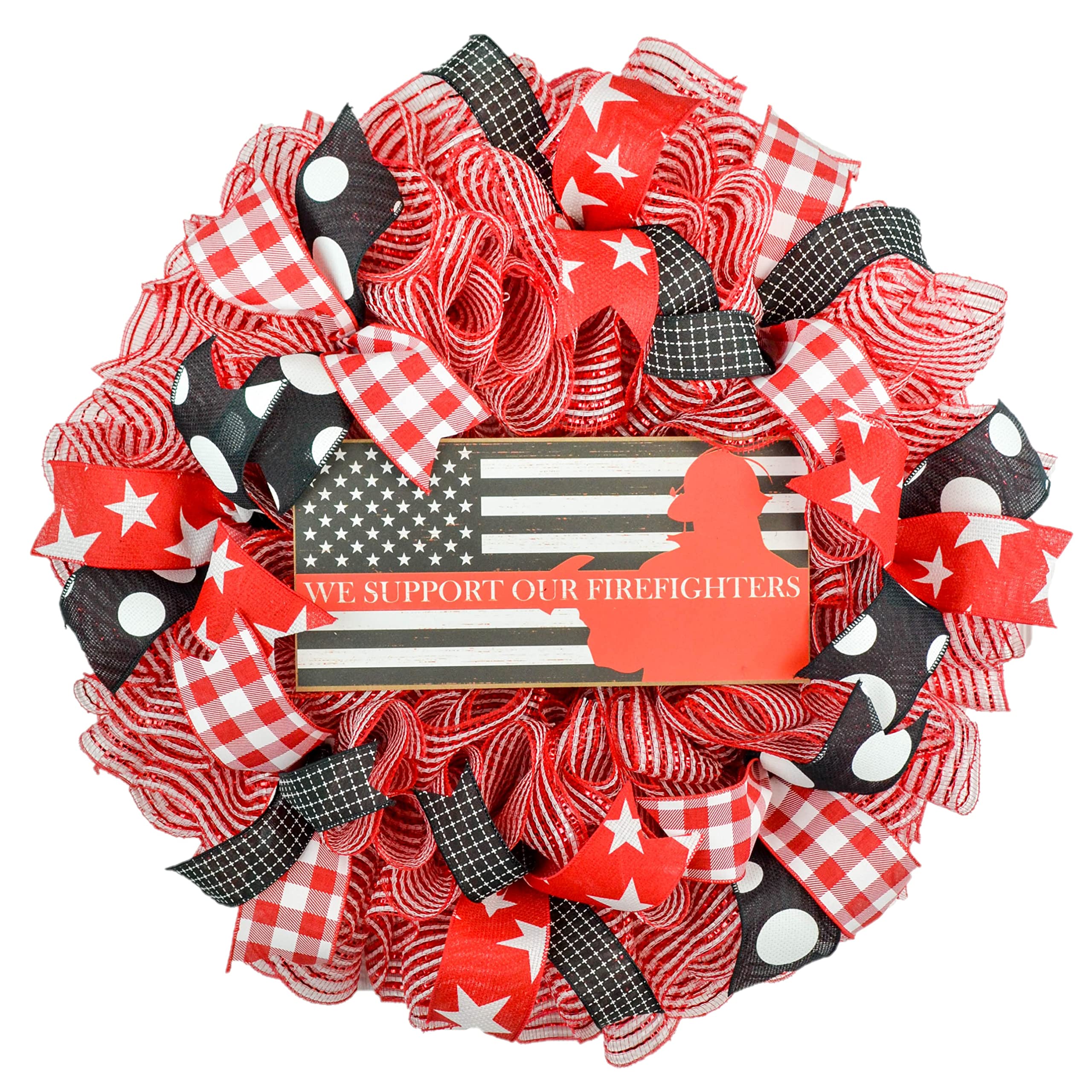 Firefighter Wreath - Hero Fireman Gift Wreath for Fire Department Chief, Lieutenant & Firefighter Wife - Red, Black & White Decor for Front Door, Fire Station or Hero Appreciation