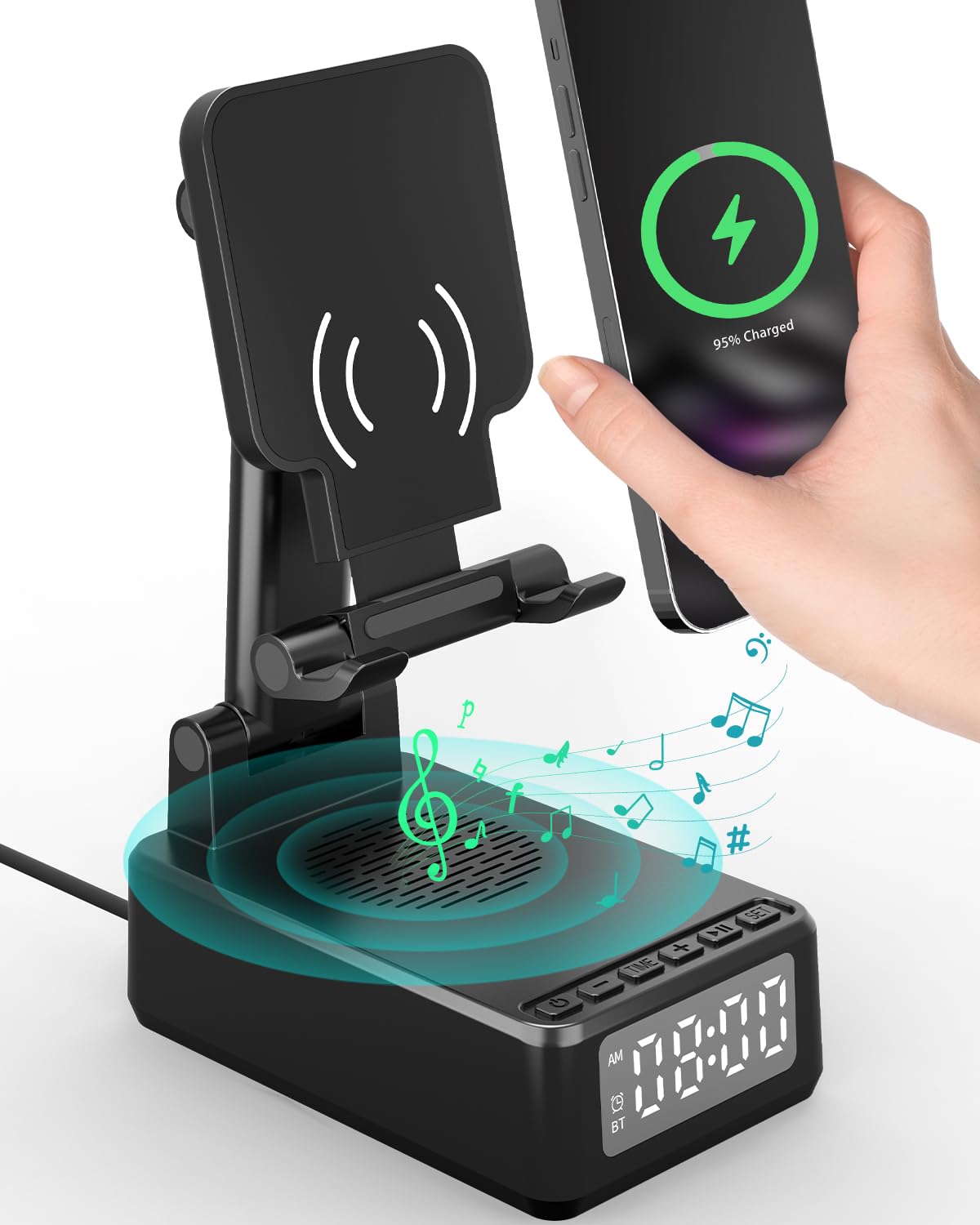 Wireless Charging Bluetooth Speaker with Digital Alarm Clock - Phone Stand for iPhone & Android - Perfect Gift for Men, Boyfriend, Dad, Women - Ideal for Bedroom, Office, Travel & Christmas Gifts