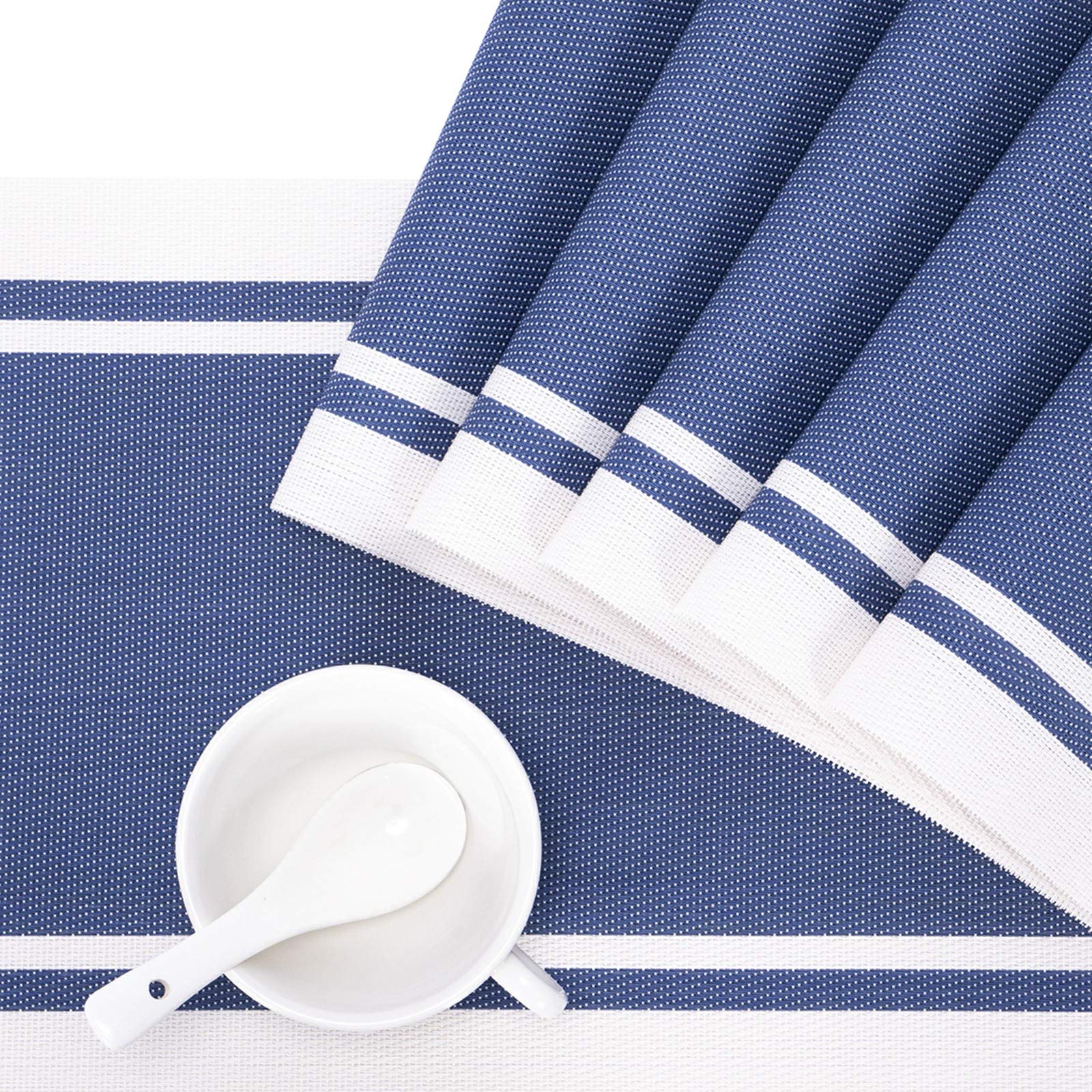 Durable Washable Placemats Set of 6 - Heat Resistant Vinyl Woven Place Mats for Kitchen & Dining Table - Indoor Outdoor Use - Easy to Clean (Blue & White) - Perfect for Daily Meals, Picnics, and Outdoor Dining