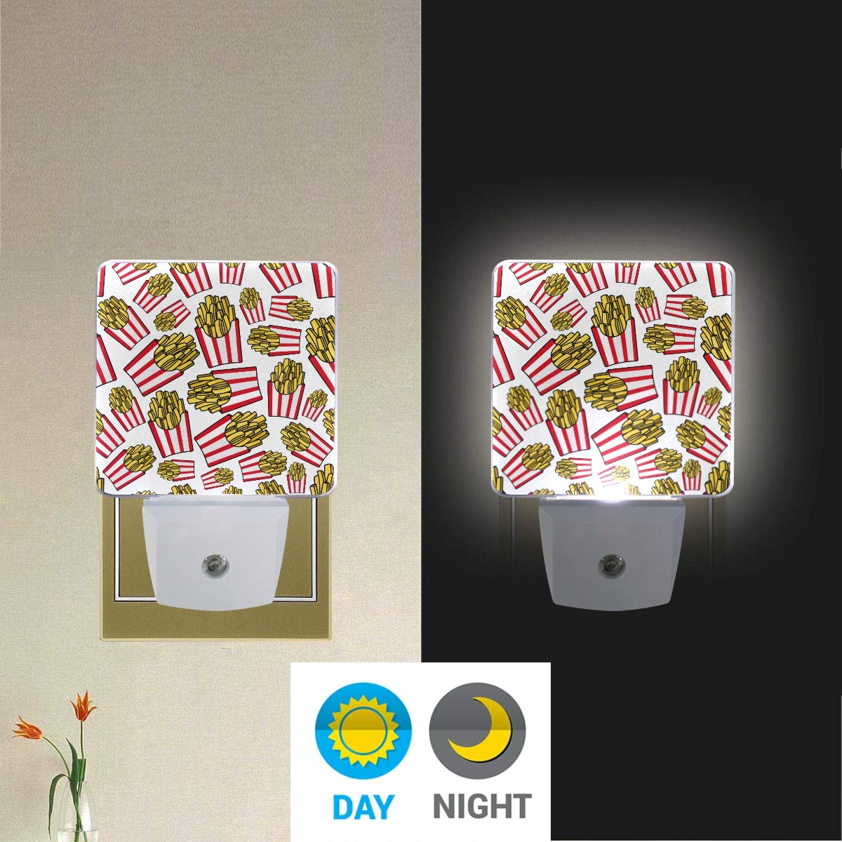 Vikko Cartoon French Fries LED Night Light Plug-in 2 Pack with Dusk to Dawn Sensor - Cute Fast Food Themed Nightlight for Kids & Adults - Perfect for Bedroom, Living Room, Hallway Decor (Ideal for Late Night Snack Lovers & Fun Home Decor)
