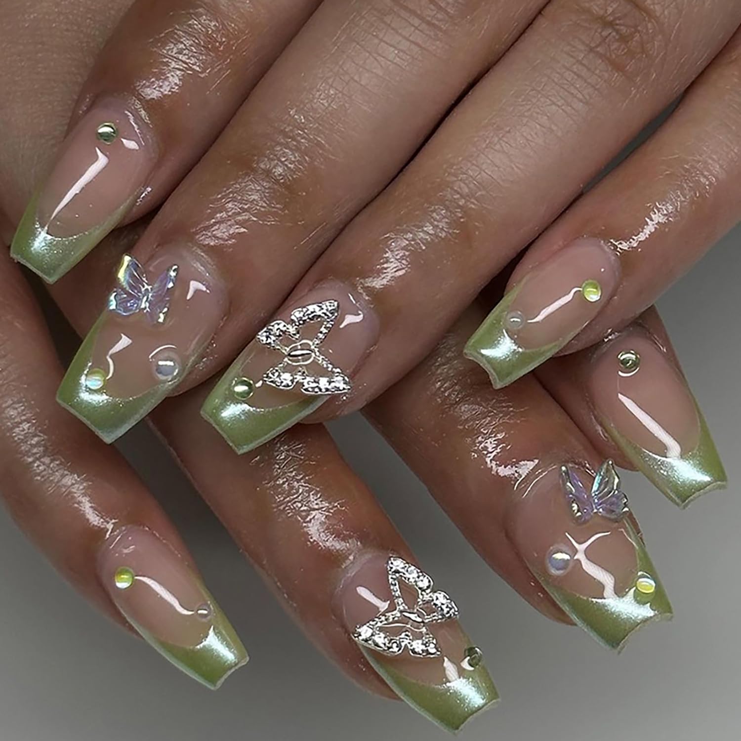 French Tip Press On Nails - Medium Length Ballet Shaped Green Acrylic False Nails 24 Pcs Kit with Nail File & Wooden Stick - Perfect for Parties, Weddings, and Everyday Wear