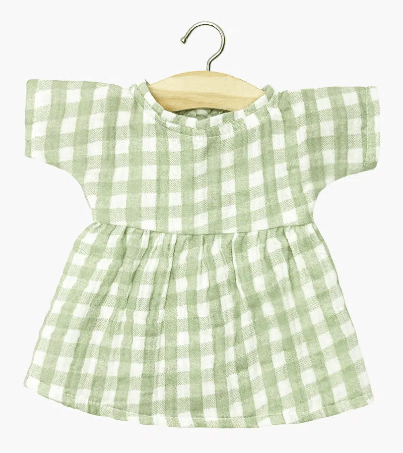 Minikane Faustine Green Vichy Check Dress with Pouch for Baby Dolls - Perfect for Playtime, Collecting, and Photoshoots