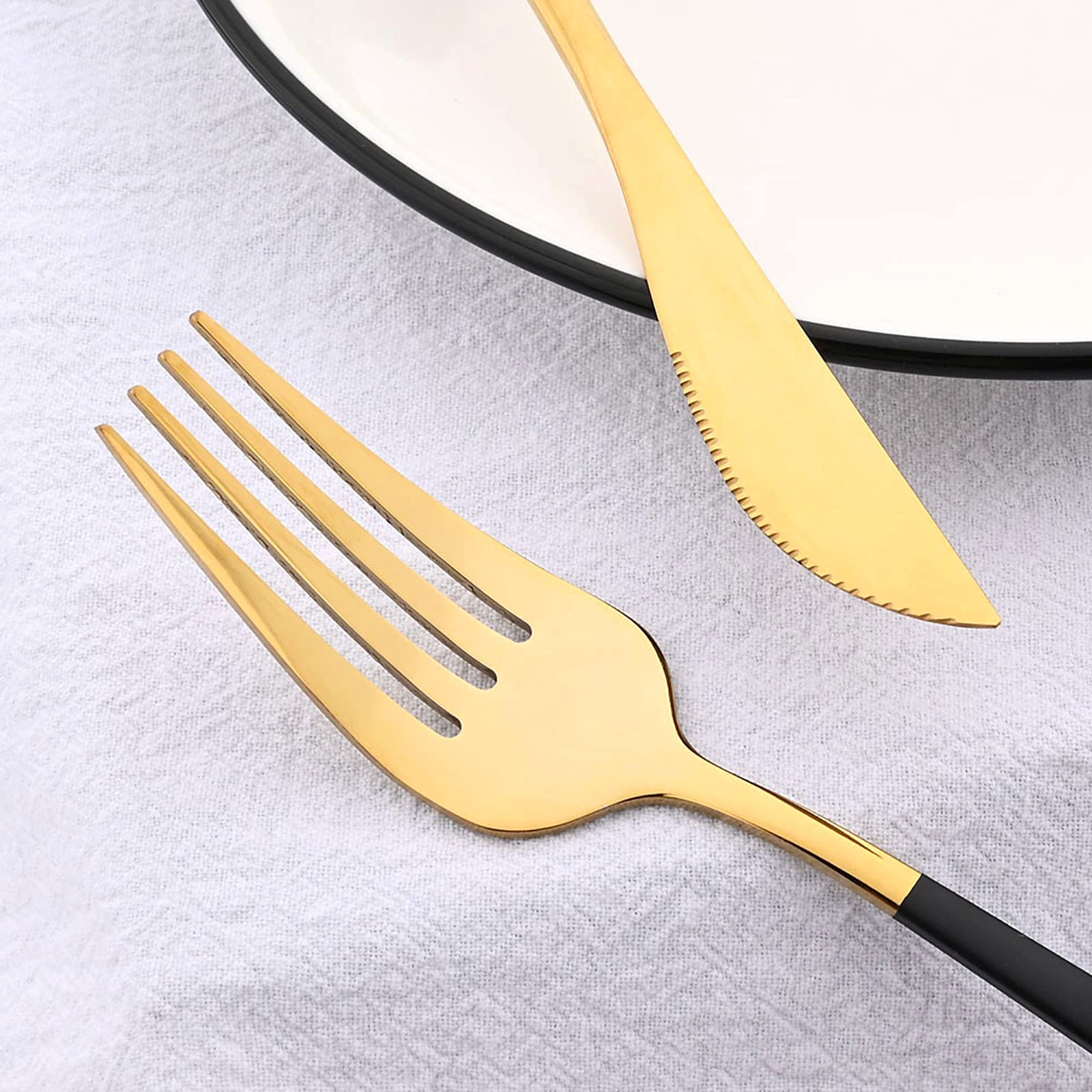 24-Piece Classic Flatware Set with Cutlery Stand - 18/0 Stainless Steel Mirror Finish Knife Fork Spoon Teaspoon Silverware Set in Gift Box - Service for 6 - Black Handle Gold - Perfect for Dining, Gifting & Home Decor