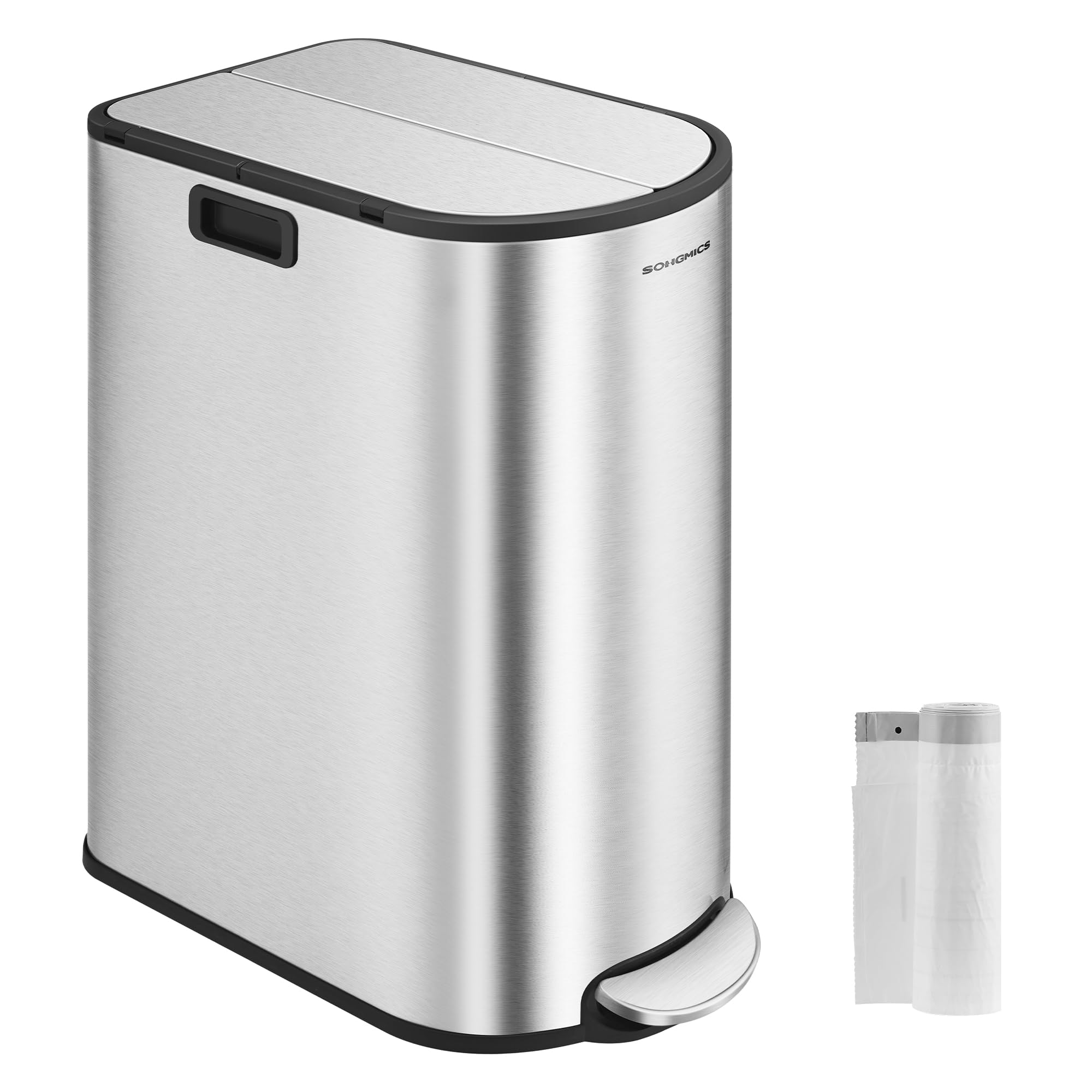 SONGMICS 13-Gallon Dual Compartment Stainless Steel Kitchen Trash Can with Soft Close Wing Lids - 5.3 & 8 Gallon Inner Buckets, Metallic Silver ULTB570E50 | Perfect for Home, Office, Restaurant & Commercial Use