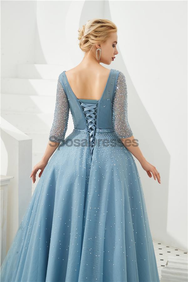 Elegant Blue Beaded Long Sleeve A-Line Prom Dress for Evening Parties & Formal Events | Perfect for Homecoming, Prom Night & Special Occasions
