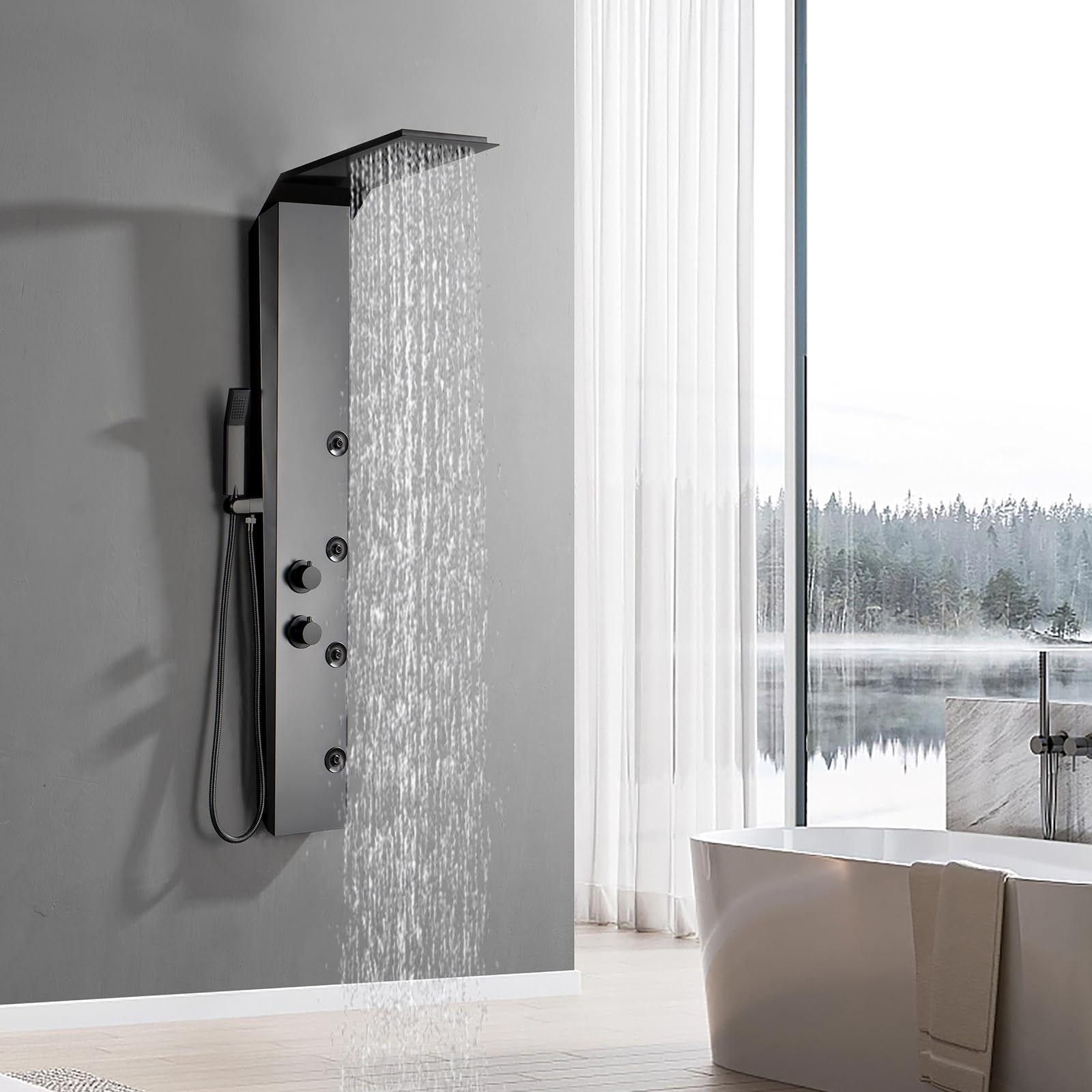 BWE Stainless Steel Shower Panel Tower System - 3-in-1 Multi-Function Shower Panel with Rainfall Shower Head, Body Jets & Handheld Spray - Wall Mount Matte Black Shower Column for Spa-Like Bathroom Experience
