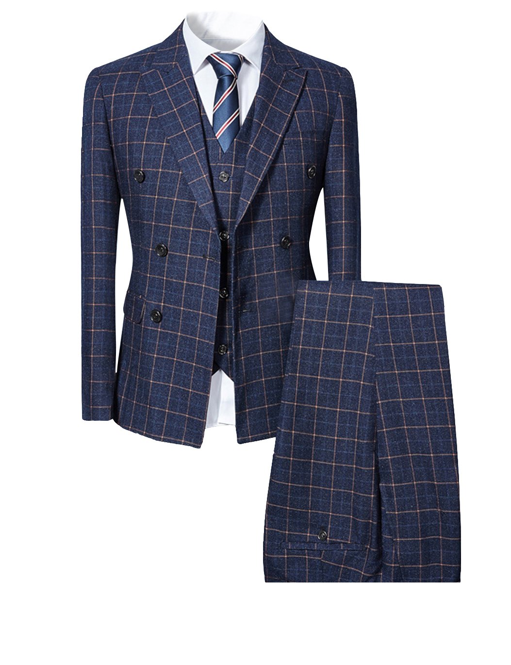 Men's Blue Slim Fit 3-Piece Checked Suit Double Breasted Vintage Fashion Business Formal Wedding Office Attire
