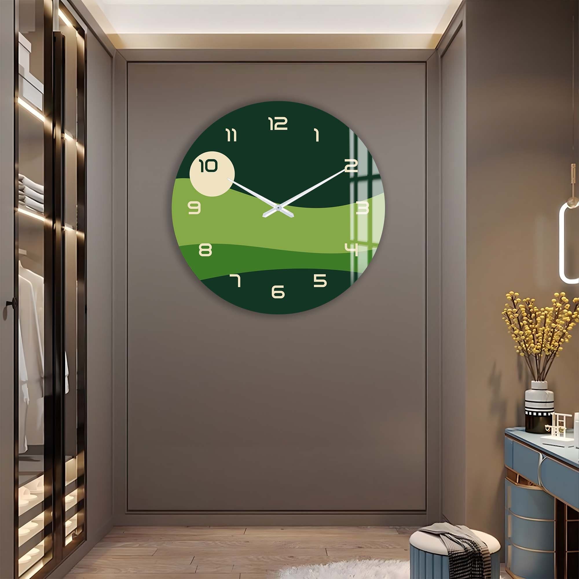 Stylish Green Layers Glass Wall Clock - Modern Home & Office Decor - Perfect for Living Room, Bedroom, Kitchen