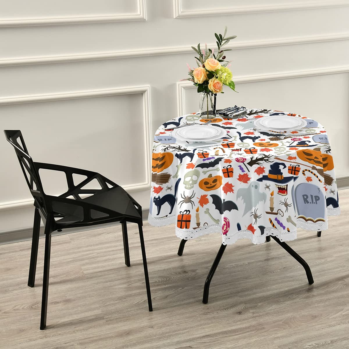Senya Halloween Round Tablecloths - Seamless Halloween Pattern Table Cover for Circular Dining Tables, Holiday Party Decor - Perfect for Halloween Parties, Dinners & Themed Events