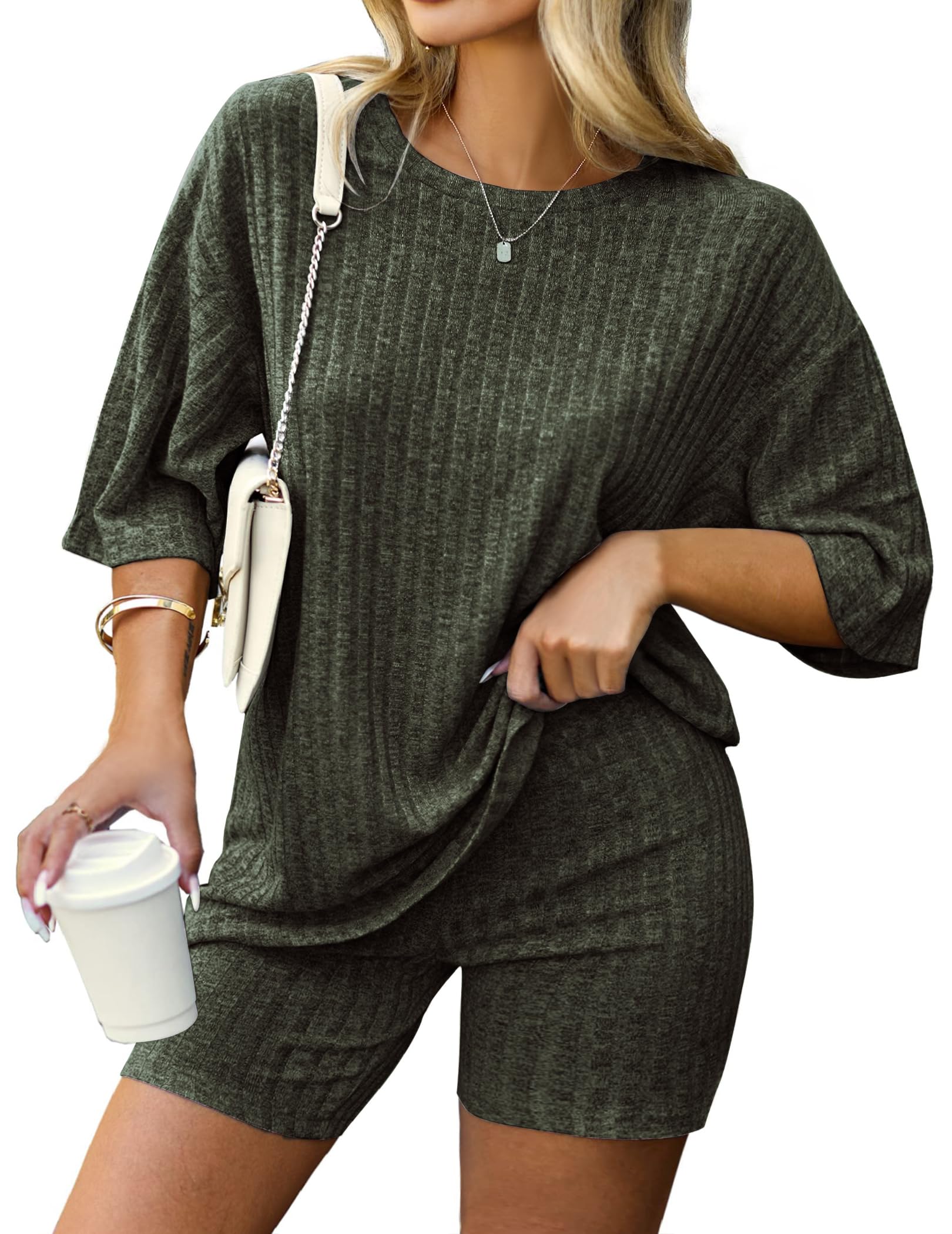 IN'VOLAND Women's Plus Size 2 Piece Ribbed Knit Tracksuit Set - Short Sleeve Top & Drawstring Casual Shorts - Comfortable Lounge & Workout Outfit for Home, Gym, and Running
